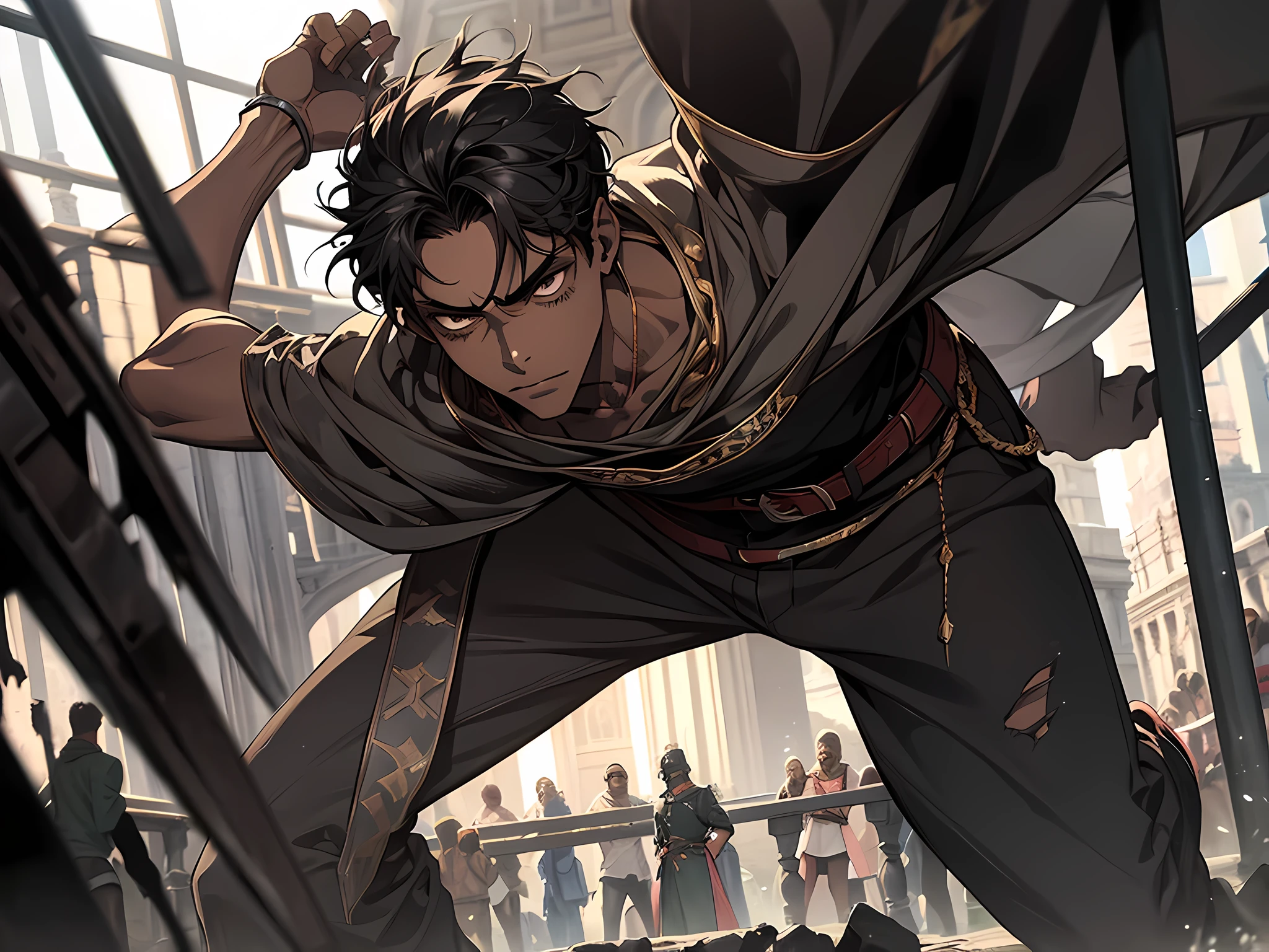thin young man, dark skin, slavery, this man is a slave, black hair, medieval times, frustrated, torn clothes, in a battle arena, ragged oversized clothes, imprisoned, bruised, punch scars, bloody face