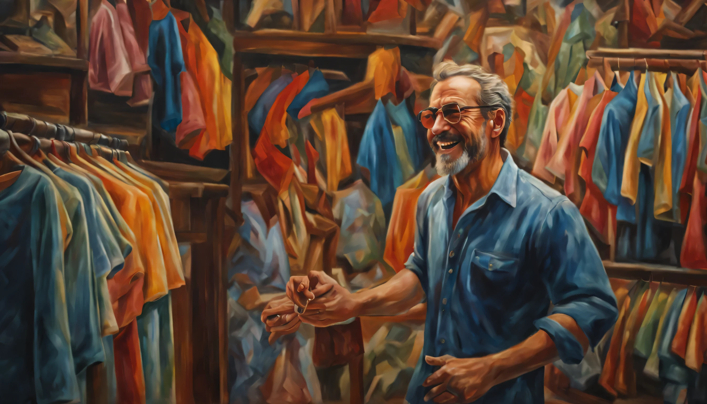 Homem comprando uma roupa, feliz e alegre chorando de ansiedade, Genuine joy paid to the seller, arte renascentista, wide sight, (melhor qualidade), arte renascentista, Complex and detailed oil painting and 3D rendering, cinematic light, Films, Pintura realista