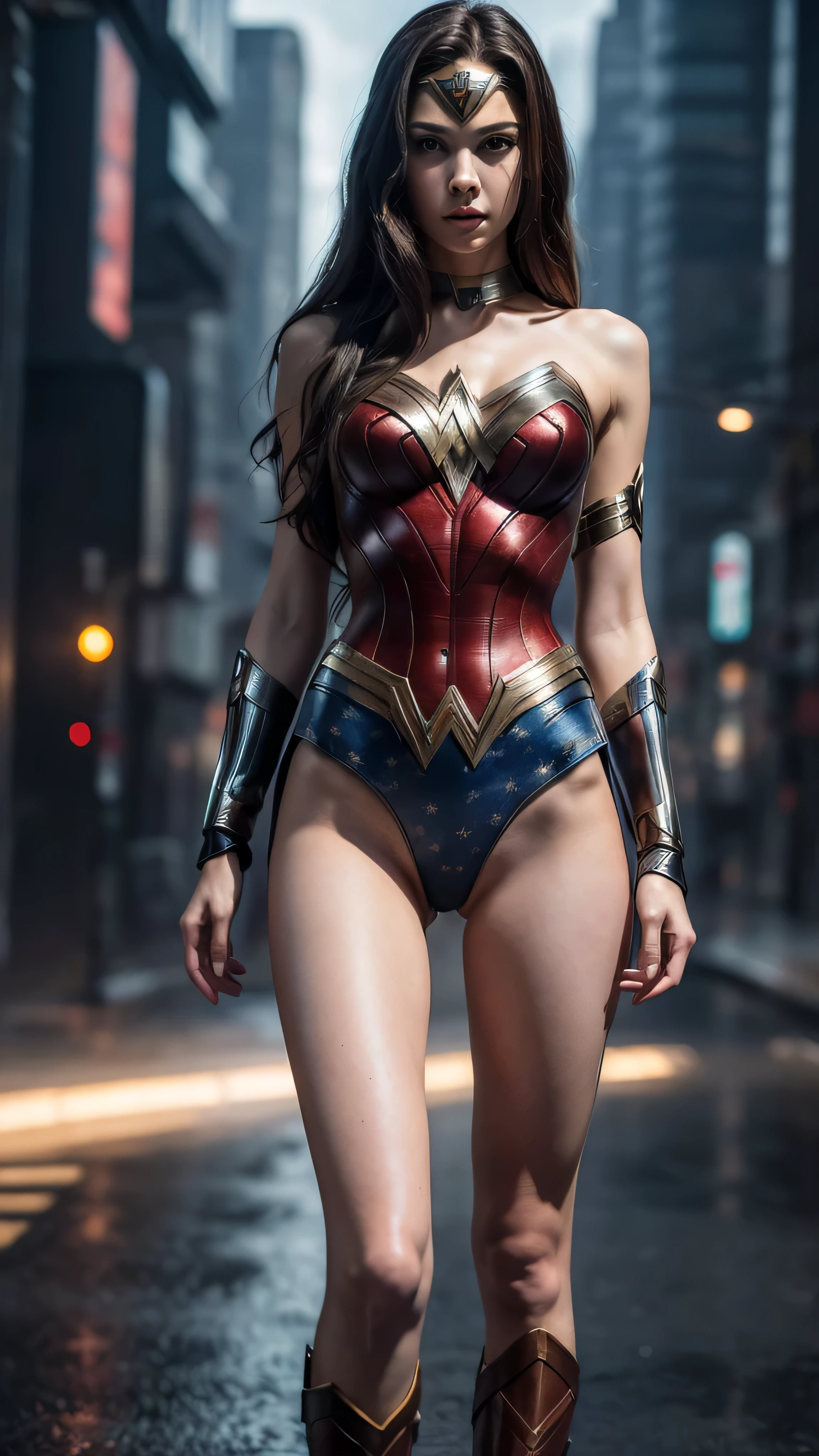 ((masterpiece, 8K, 3D, Realistic, Super Detail)), (1girl:1.3), slender , Ultra Micro photography, Super realistic, Perfect face, Beautiful features, ((Perfect female body)) Beautiful features, ( body), ((small hips)), Lisa Blackpink as Wonder woman suit ((Exposed thigh)), Exposed Skin, Front Full body Shot, full body portrait, futuristic city background