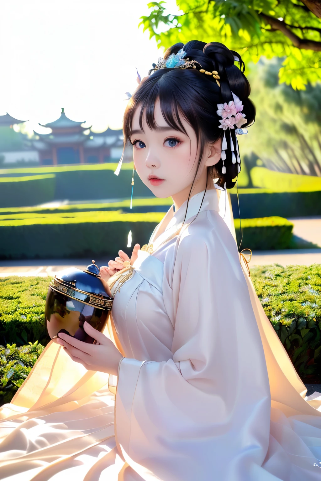 a princess ald old cute Hanfu dynasty open V-chested clothes royal, Wet body of thin silk fabric, Thin silk lace dress, (huge ,cleavage),, white pink, blue ,best qualtiy,tmasterpiece,超高分辨率,(真实感:1.4),RAW photogr,(True skin texture:1.3),(filmgrain:1.3),(Selfie angle),1个Giant Breast Girl,Beautiful eye and face details,tmasterpiece,Best quality at best,exposing thighigchest,The chest more exposed, detailed hair,above looking down facing at camera,short dressPrincess Eyes,Super big eyes,Detailed face,shiny pupils, (a garden,moon palace,)