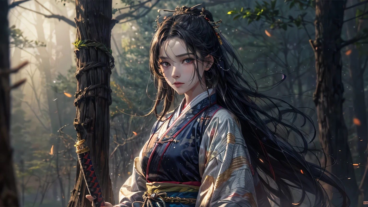 4K, ((very delicate))realistic, high resolution, woman in pine forest, alone, dark night, a ray of moonlight, dark brown hair, long hair, tear, woe, look at the viewer, (detailed face), super super big, 1 long, thin Joseon sword, big bust, thick thighs, enlargement, Bikini style fusion hanbok, Joseon Dynasty warrior, 25 years old, looking straight ahead,