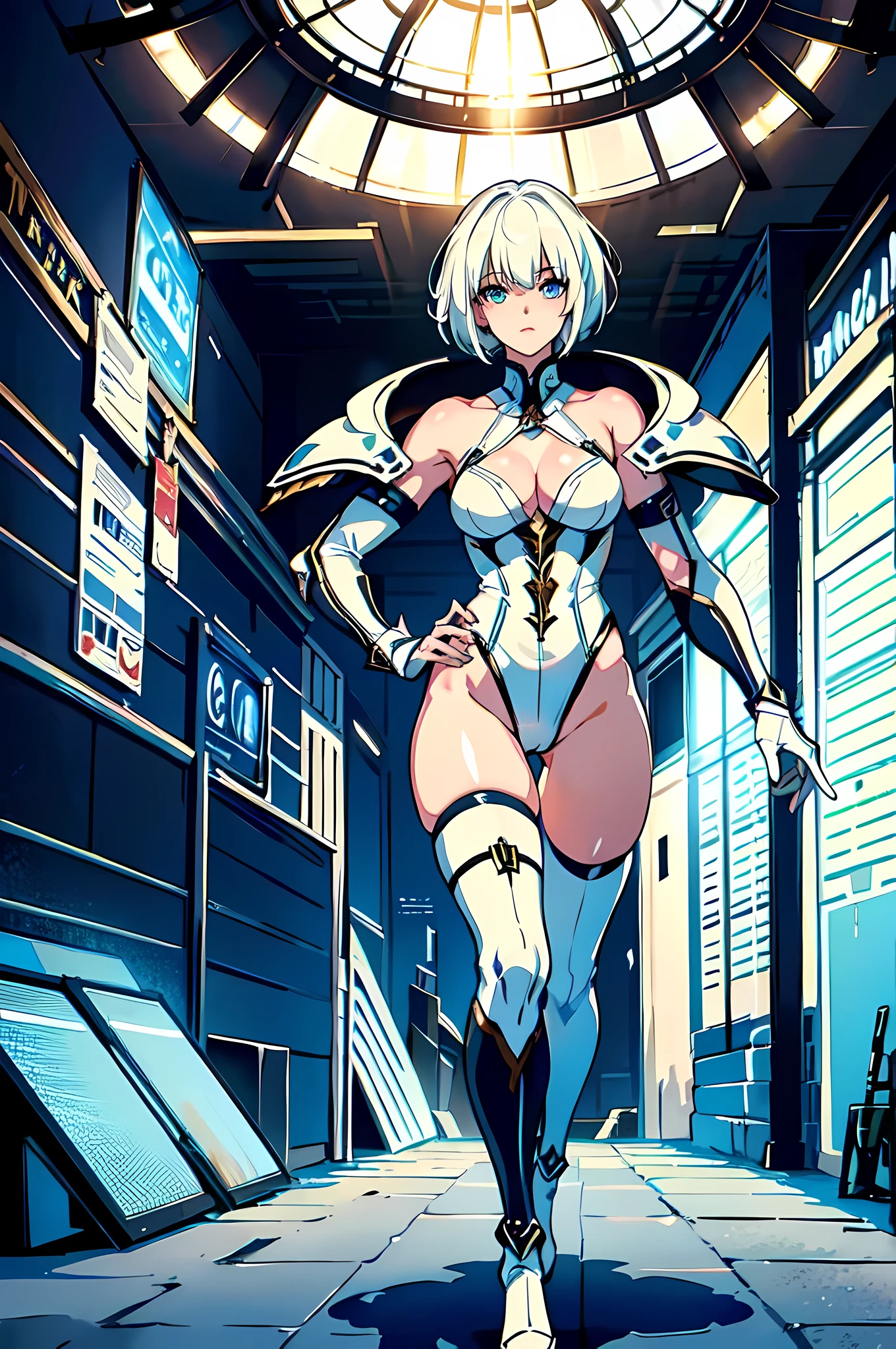 White haired female, short hair, Futuristic Arena SuperBowl, lingerie football league (masterpiece, high quality:1.1) slender frame, magepunk, priestess, lingerie, revealing football, reciever, 8k, high resolution.