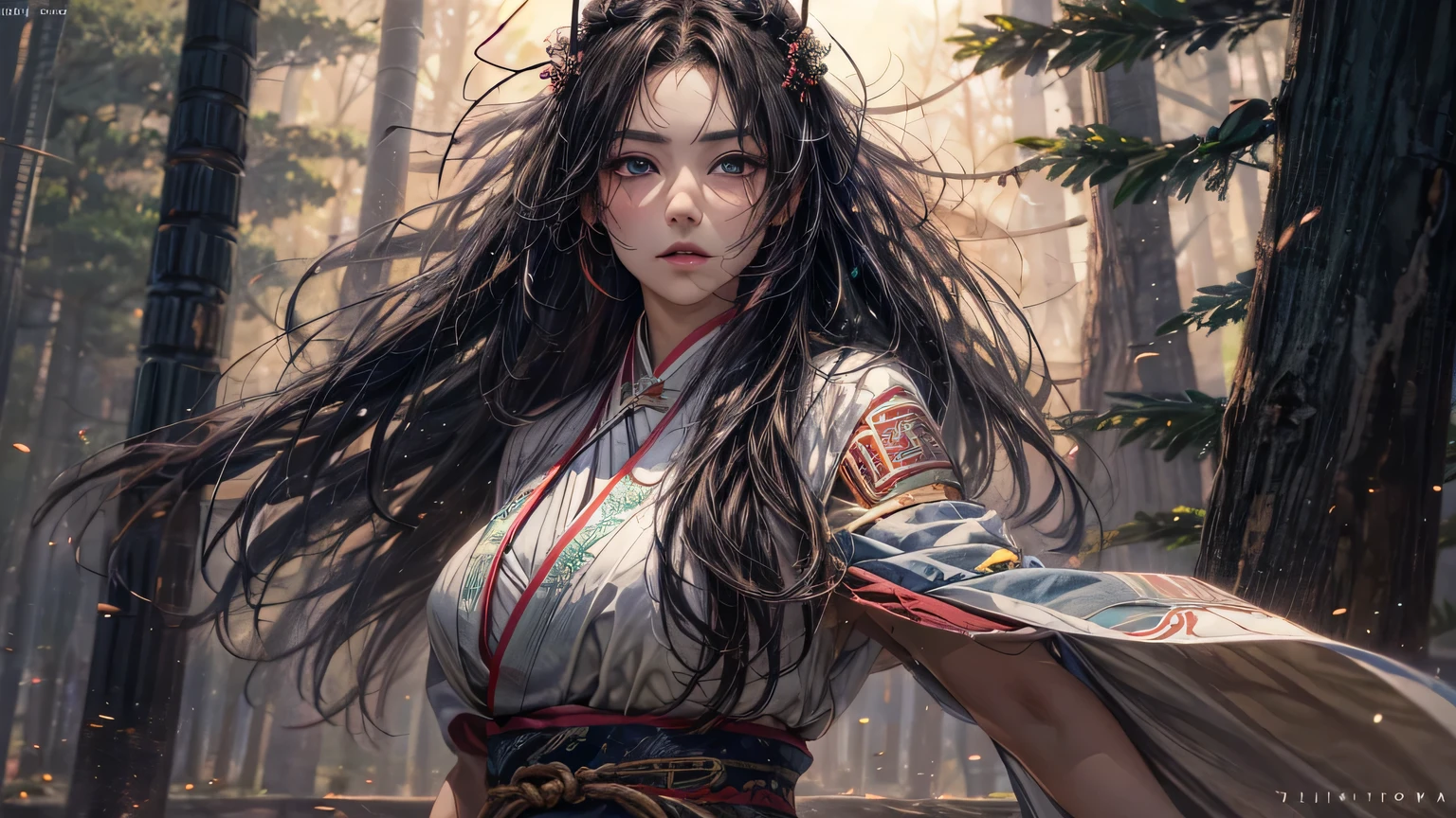 4K, ((very delicate))realistic, high resolution, woman in pine forest, alone, dark night, a ray of moonlight, dark brown hair, long hair, tear, woe, look at the viewer, (detailed face), super super big, 1 long, thin Joseon sword, big bust, thick thighs, enlargement, Bikini style fusion hanbok, Joseon Dynasty warrior, 25 years old, looking straight ahead,