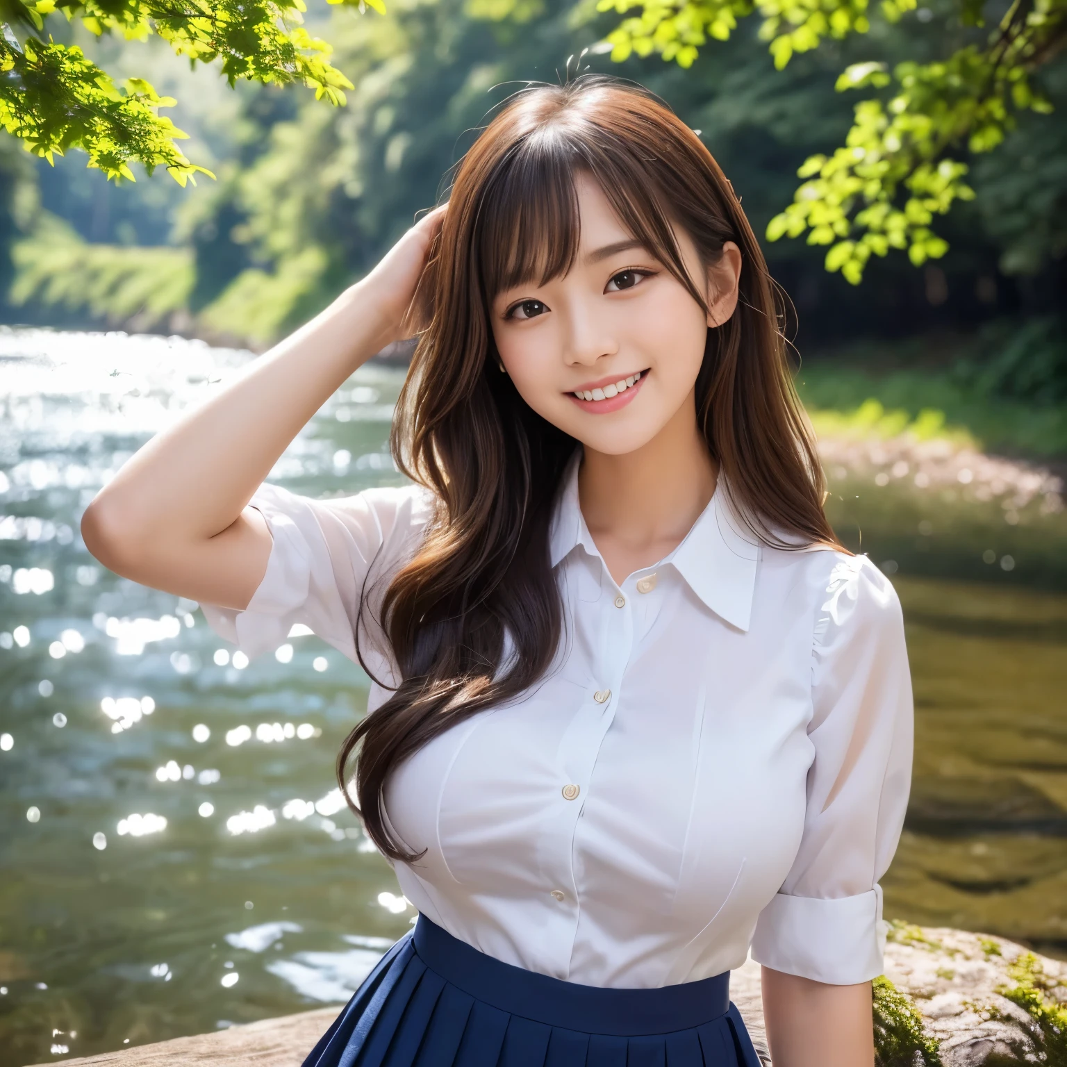 (masterpiece、highest quality、ultra high resolution、8K)、1 very beautiful 18 year old girl、(Perfect composition where the girl fits neatly into the frame:1.1)、perfect anatomy、wavy hair、(big breasts:1.3)、(emphasize the bust line:1.1)、(perfect high school uniform white shirt:1.1)、(High school uniform navy pleated skirt:1.15)、(Uniform ribbon that fits perfectly on the chest:1.1)、(美しくShining beautiful skin:1.1)、Brown glittery hair、valley in the forest、A beautiful river in a mysterious green forest、(The most transparent and beautiful river water:1.1)、waterfall in the background、Surrounded by the most magnificent nature、Mysteries of Nature、the most detailed and beautiful river、feelings of love、(Shining beautiful skin:1.1)、(Super high quality beautiful skin:1.1)、beautiful teeth、You with the biggest smile&#39;someday you&#39;ll see me、very bright and refreshing、cool summer atmosphere、Refreshing summer、Standing on the river、happy and happy pose、In the glittering forest、(Moody and romantic portrait photography:1.2)、blurred background、Bright summer colors、Surrounded by fantastic light