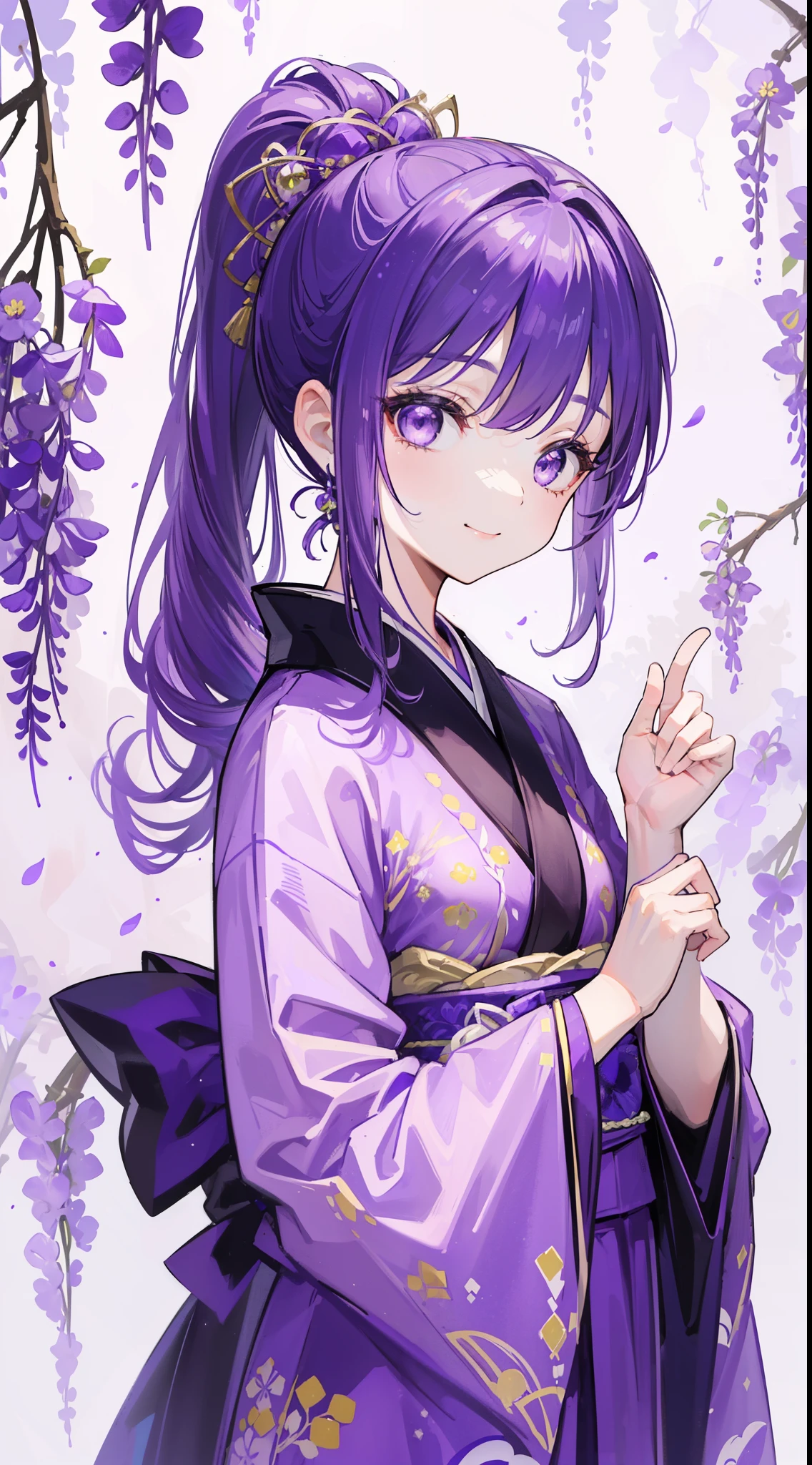 (32k), (hight quality), (high-level image quality), (smile), (hight quality wisteria flowers background), (32k background), (wisteria trellis), 
(purple short ponytail), (purple eyes), (18 years old), (illustration), (purple light particles), (purple kimono), (purple Japanese clothes),