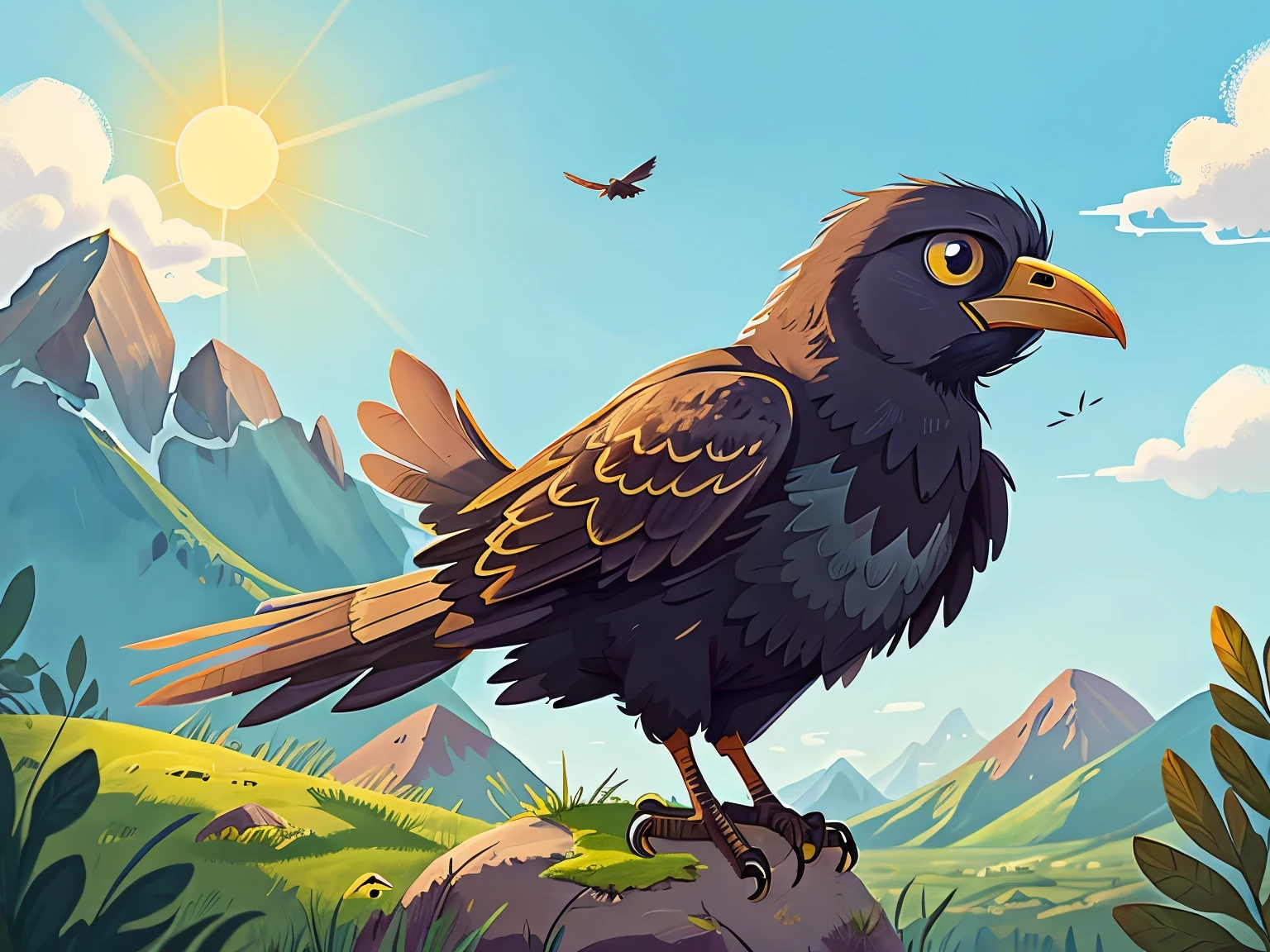 solo,(a crow flying in the sky:1.2), sun, grassland, distant mountains, sky, black crow, cartoon, anxious,close-up,Fable story: Crow drinking water,