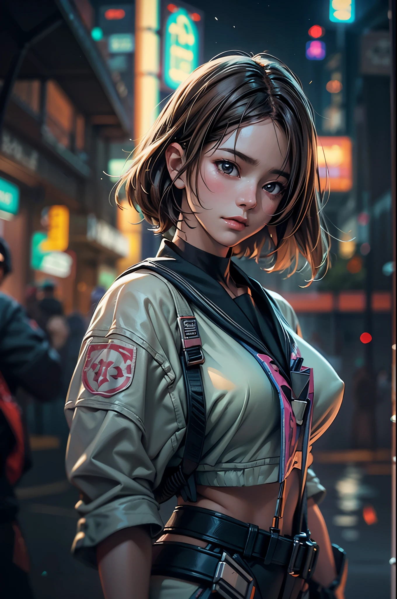 tall woman(brown eyes; long, straight black hair; large breasts; olive skin tone), Disney-style cgi, business casual attire; outside on neon-lit night streets in the rain; futuristic; dystopian; cyberpunk; best quality; trending on artstation; complex volumetric lighting; sobbing uncontrollably; crying; tears; sad expression; standing in the rain; drenched; wet clothes; wet hair