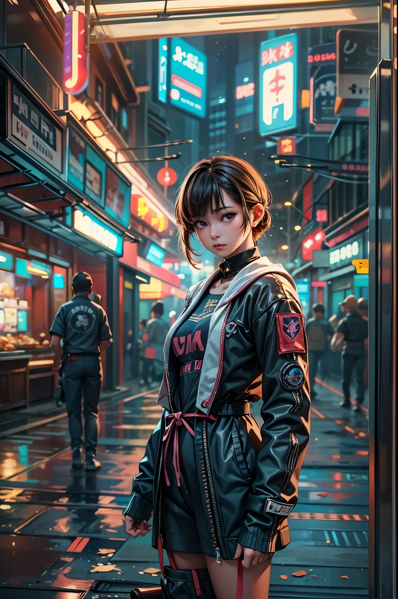 Cyberpunk 2077 female in her 20s, future主義者, High resolution, highest quality:1.2), shine, soft contour, beautiful picture, 1 girl, cowboy shot, (soft focus:1.5) In the foreground, (Bokeh-filled Foreground:1.2), shallow depth of field, Delicate Blur, Subtle Transitions, Depth and Atmosphere, masterpiece,surreal,32K,Highly detailed CG Unity 8K wallpaper, highest quality, Yoshika Miyafuji, sailor suit, short brown hair, , future, 2077 AD, Reimaginal