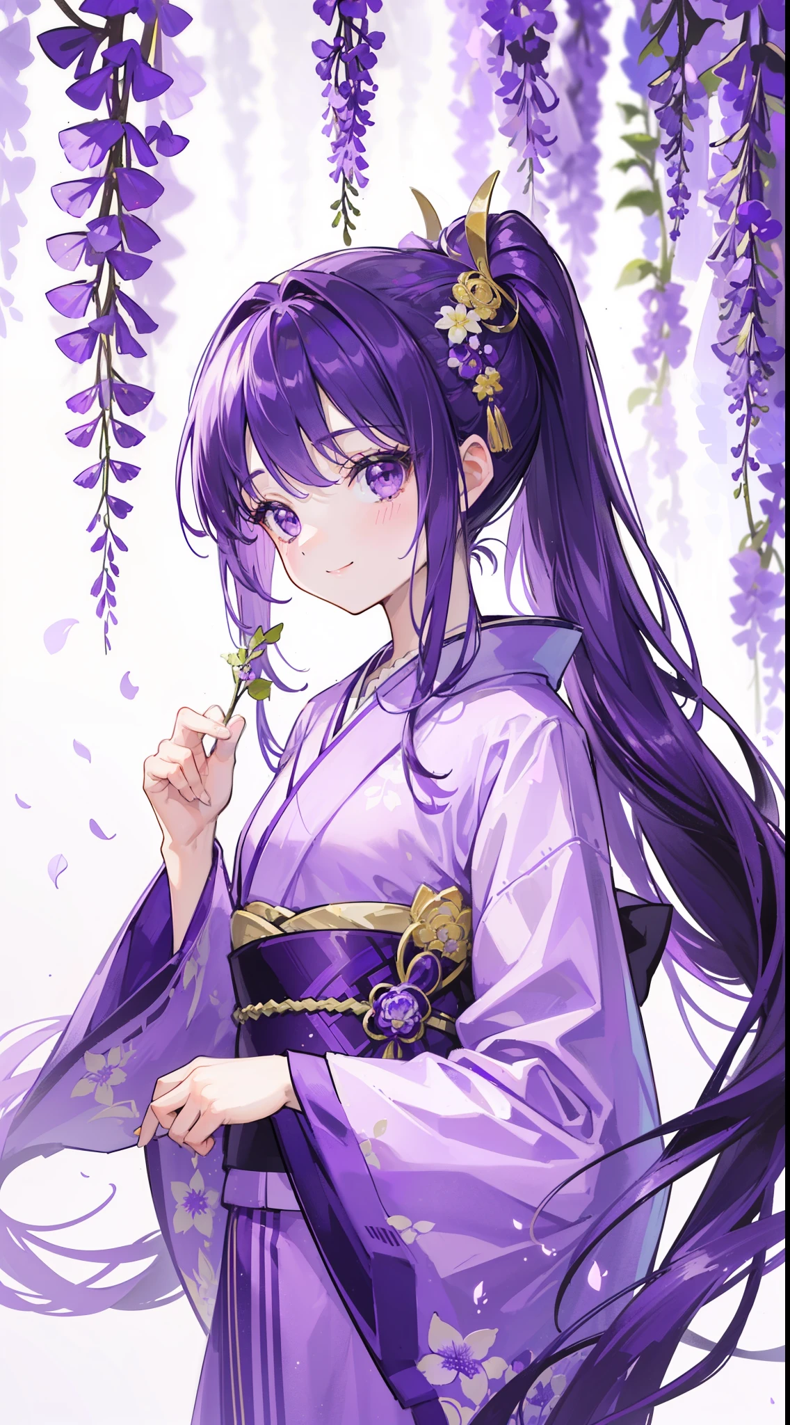 (32k), (beautiful cute girl), (hight quality), (high-level image quality), (smile), (hight quality wisteria flowers background), (32k background), (wisteria trellis), 
(purple short ponytail), (purple eyes), (18 years old), (illustration), (purple light particles), (purple kimono), (purple Japanese clothes),
