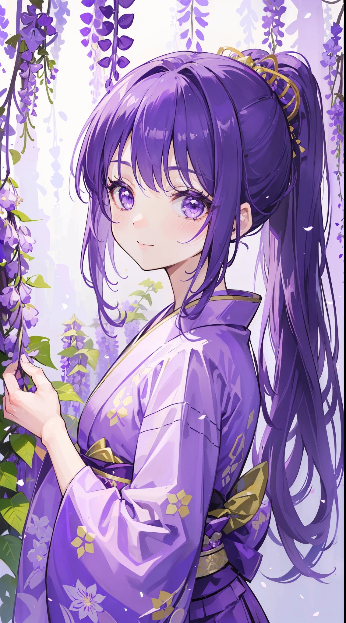 (32k), ((cute girl)), (hight quality), (high-level image quality), (smile), (hight quality wisteria flowers background), (32k background), (wisteria trellis),
(purple short ponytail), (purple eyes), (18 years old), (illustration), (purple light particles), (purple kimono), (purple Japanese clothes),