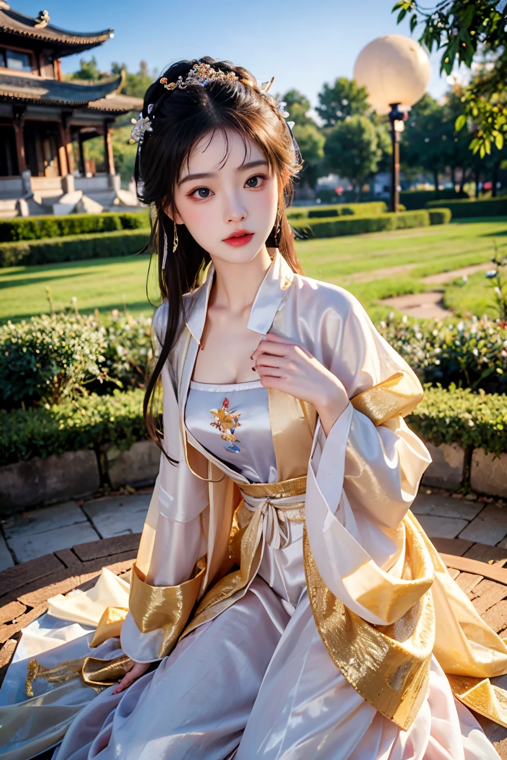 a princess ald old cute Hanfu dynasty open V-chested clothes royal, Wet body of thin silk fabric, Thin silk lace dress, (huge ,cleavage),, white pink, blue ,best qualtiy,tmasterpiece,超高分辨率,(真实感:1.4),RAW photogr,(True skin texture:1.3),(filmgrain:1.3),(Selfie angle),1个Giant Breast Girl,Beautiful eye and face details,tmasterpiece,Best quality at best,exposing thighigchest,The chest more exposed, detailed hair,above looking down facing at camera,short dressPrincess Eyes,Super big eyes,Detailed face,shiny pupils, (a garden,moon palace,)