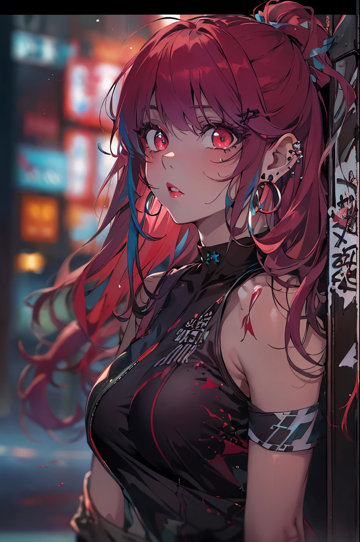 hair above one eye, red eyes, clear eyes, choker, Neon Shirt, torn legwear, open jacket, towards the wall, brick wall, graffiti, shineing grafiti, shineing tattoos, shine, neon light, Black light,anime style, movieポートレート写真, 1 female, 22 years ago, Full body Esbian,Blue eyes background, big and full breasts, anger, (scarlet colored hair), long hair, purple eyes, wearing a short black dress, (natural skin texture vivid details, surreal, (realistic detailed eyes, natural skin texture, realistic facial details), soft and dramatic lighting, Depth of written boundary, Bokeh, vivid details, surreal, 35mm movie, hazy blur, movie,lipstick, ear piercing, eye shadow, hoop earrings, Red-pink lips, 多色のred eyes, purple theme,,Wear an iridescent aura,beautiful eyes,stand in front of the red gate、shrine,Jingumae,bold pose、decide on a pose,upper ponytail,hanging bangs