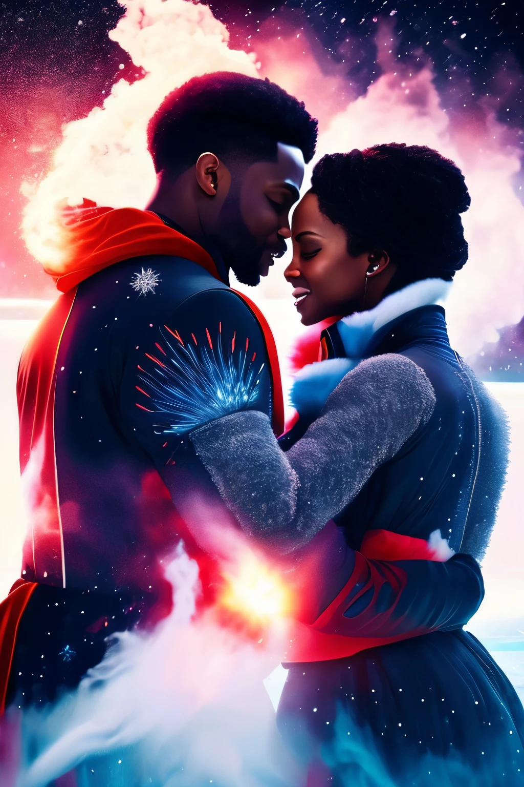 A breathtaking cinematic moment of a Black couple elegantly gliding on the ice rink, their hands entwined, basking in the serenity of their shared love. The ice surface meticulously carved into heart shapes, embellishing their union, as red and blue smoke flares add a dash of ethereal allure to the already captivating scene. The 32k ultra HD resolution captures every intricate detail, immersing you in the experience as if you were right there on the ice alongside them, engulfed in the warmth and passion of their moment. Cinematic scene, 32k resolution, ultra HD, Artgerm art style, rendered using