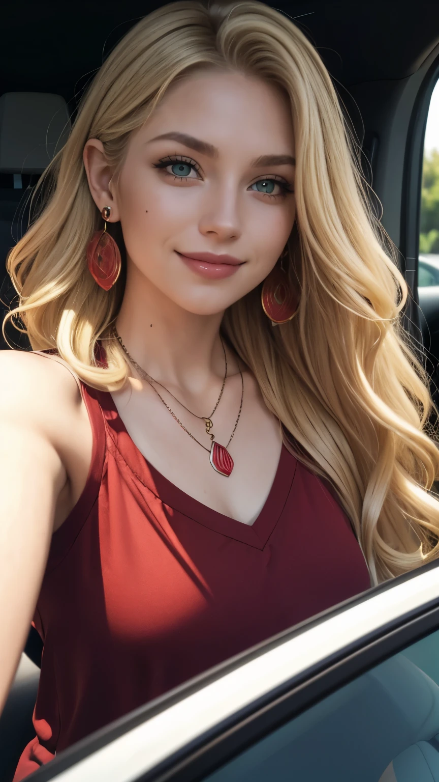 Caucasian woman, green eyes, lined eyes, blonde hair, hair with brown roots, wavy hair, long hair, red painted mouth, smile, earrings, necklace, athletic body, (red top texture), earrings, in car, focus on face, selfie pose, frontal shot.