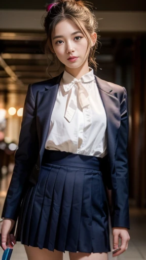 (highest quality、 8K、 High resolution、 realistic:2.0)、(correct anatomy:1.5)、(The exact number of fingers:1.5)、(Highly detailed skin texture:1.1)、
1 Japanese woman、clerk、Transcendently beautiful、24-years-old、bow、((wear buttoned clothes:1.1))、(((Her skirt fluttered in the strong wind from the blower.:1.4)))、(((Show me your panties:1.5)))、Surprised and panicked look、blonde hair, But my hairline is black、One bun hair、navy blue cloth vest、Navy Blue Mini Skirt、Wight long sleeve cutter shirt、tie、draw from below、
(High resolution,、bright colors、 Super detailed)、A hallway with slot machines on both sides in the background、look at the camera、