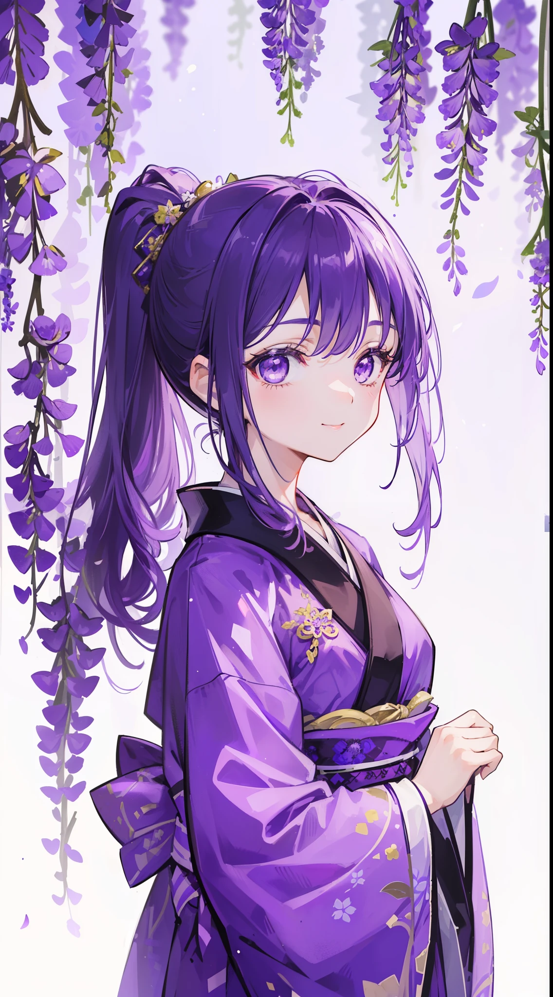 (32k), ((cute girl)), (hight quality), (high-level image quality), (smile), (hight quality wisteria flowers background), (32k background), (wisteria trellis), 
(purple short ponytail), (purple eyes), (18 years old), (illustration), (purple light particles), (purple kimono), (purple Japanese clothes), (front), 