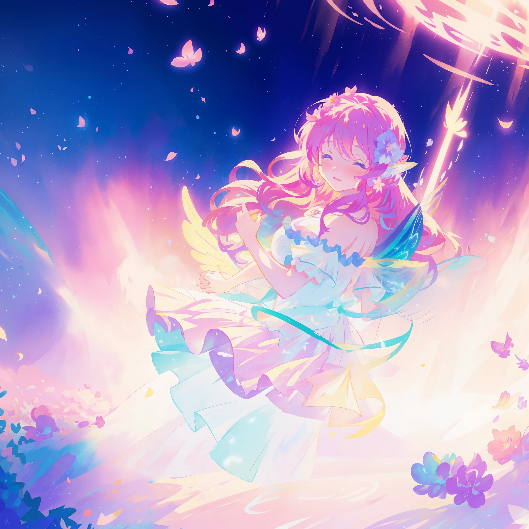 close up of a beautiful fairy girl in tiered gradient ballgown dress, gradient colorful dress, ((layered flower petal skirt)), fairy dress, fairy queen, magical fantasia background, (glowing fairy wings), glowing flowing ballgown, long wavy hair, sparkling fairy wings, watercolor illustration, inspired by Glen Keane, inspired by Lois van Baarle, disney art style, jen bartel, beautiful digital illustration, beautiful, masterpiece, best quality, anime disney style