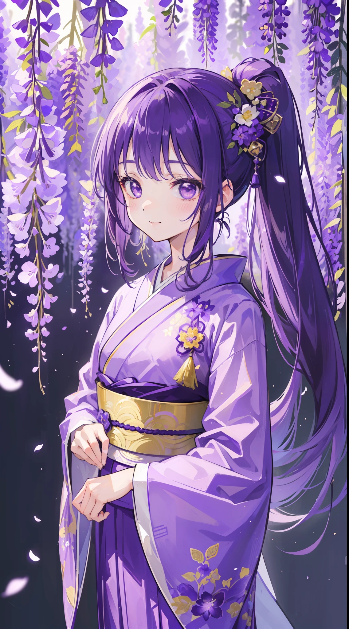 (32k), ((cute girl)), (hight quality), (high-level image quality), (smile), (hight quality wisteria flowers background), (32k background), (wisteria trellis),
(purple short ponytail), (purple eyes), (18 years old), (illustration), (purple light particles), (purple kimono), (purple Japanese clothes), (front),