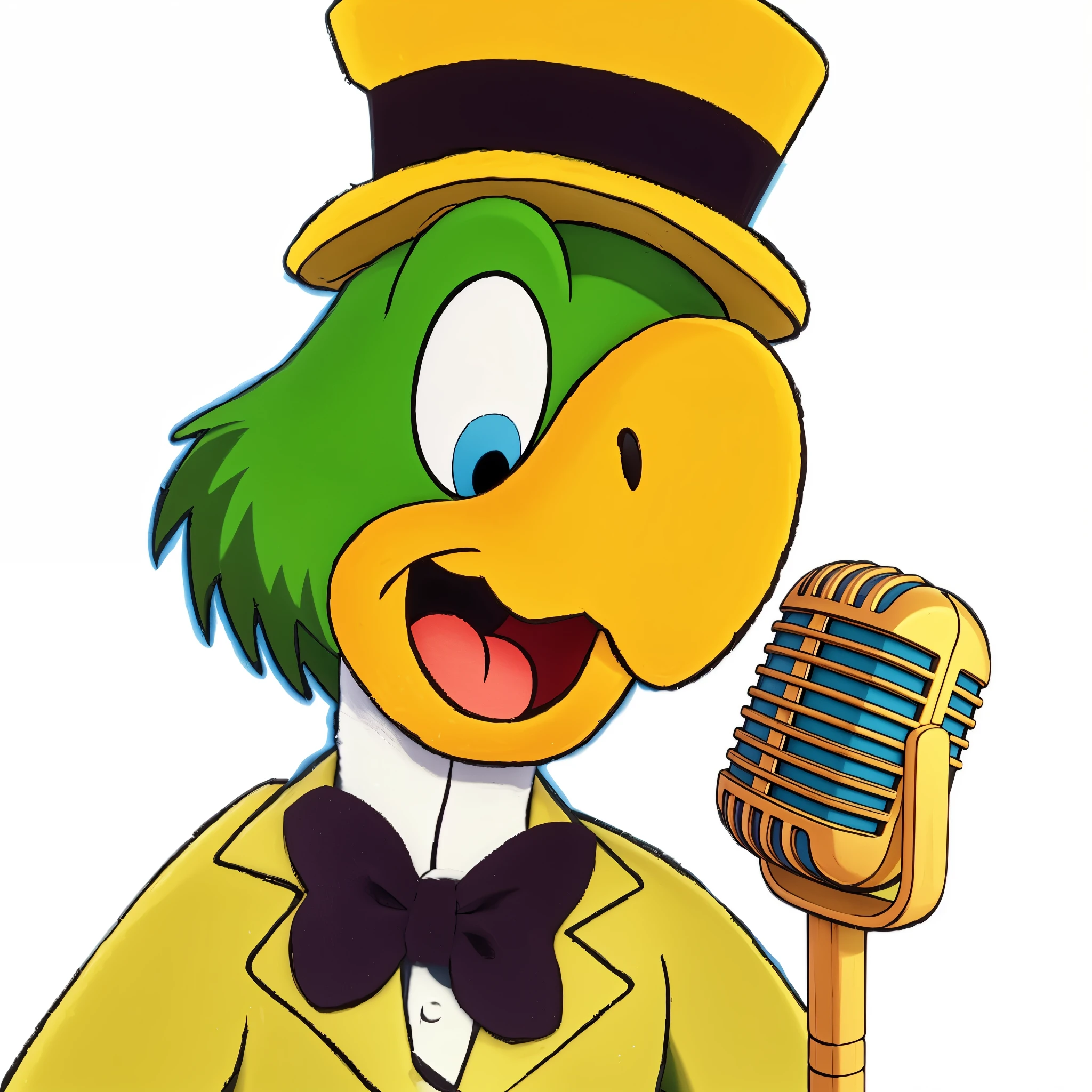 desenho de um papagaio de smoking com microfone, Kathy Zyduck, green head, inspirado em Jacob Pato, o papagaio macho, estilo loony tunes, inspirado em Carl Barks, convencido, cantoria, cantoria for you, inspirado em Luigi Kasimir, por Jim Davis, Eddie, the parrot is wearing a bow tie, valete, arte oficial,