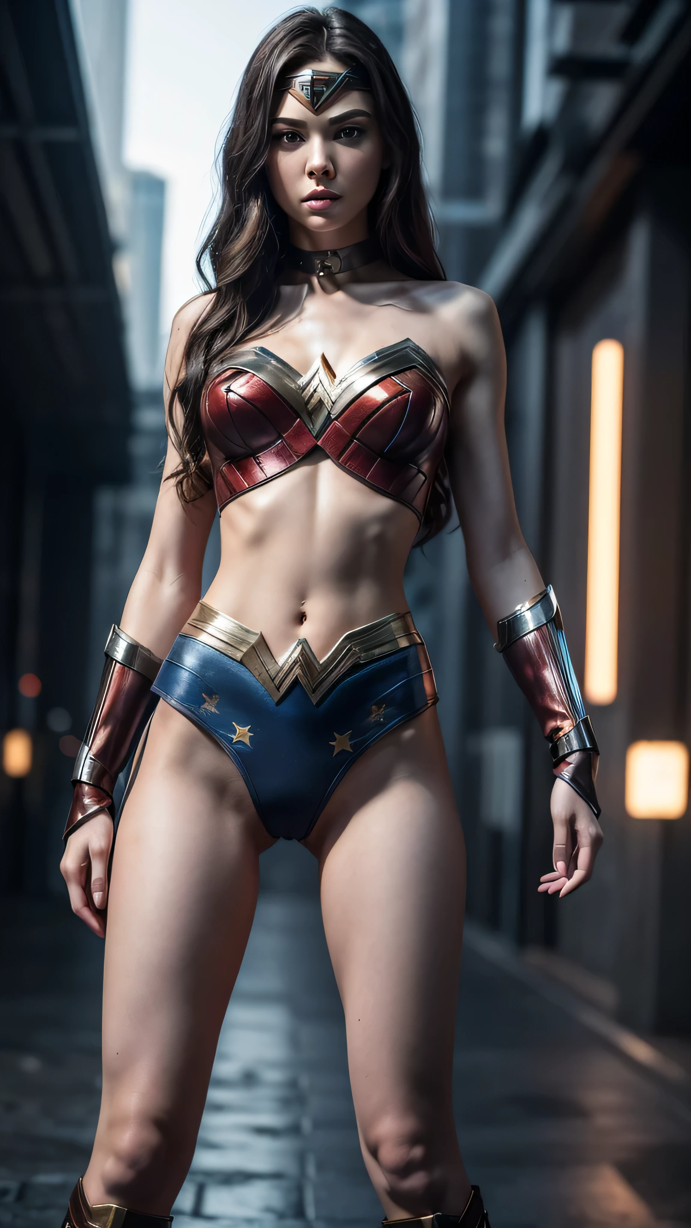 ((masterpiece, 8K, 3D, Realistic, Super Detail)), (1girl:1.3), slender 17 age, Ultra Micro photography, Super realistic, Perfect face, Beautiful features, ((Perfect female body)) Beautiful features, ( body), ((small hips)), Lisa Blackpink as Wonder woman suit ((Exposed thigh)), Exposed Skin, Front Full body Shot, full body portrait, futuristic city background