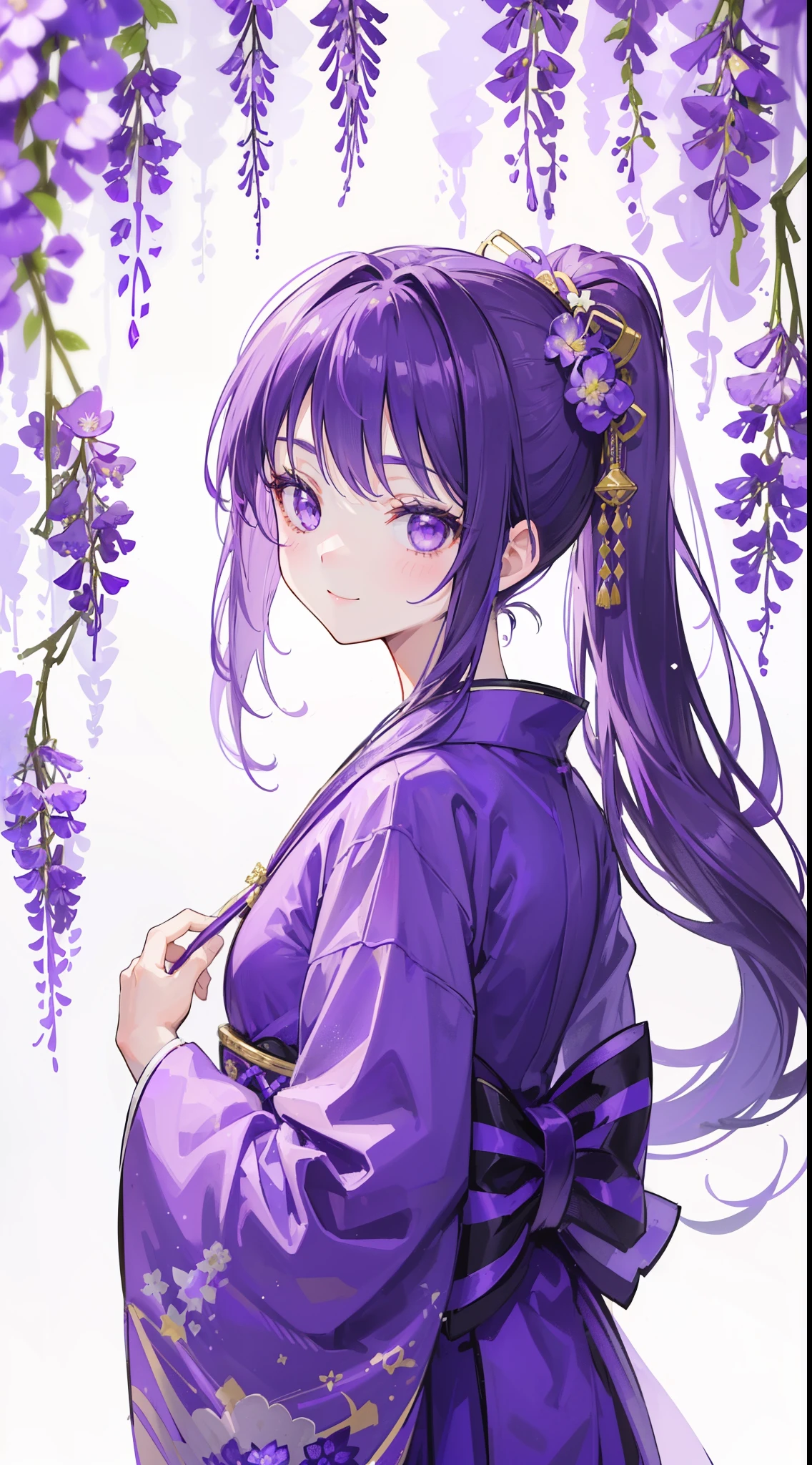 (32k), ((cute girl)), (hight quality), (high-level image quality), (smile), (hight quality wisteria flowers background), (32k background), (wisteria trellis), 
(purple short ponytail), (purple eyes), (18 years old), (illustration), (purple light particles), (purple kimono), (purple Japanese clothes), (((front))), 