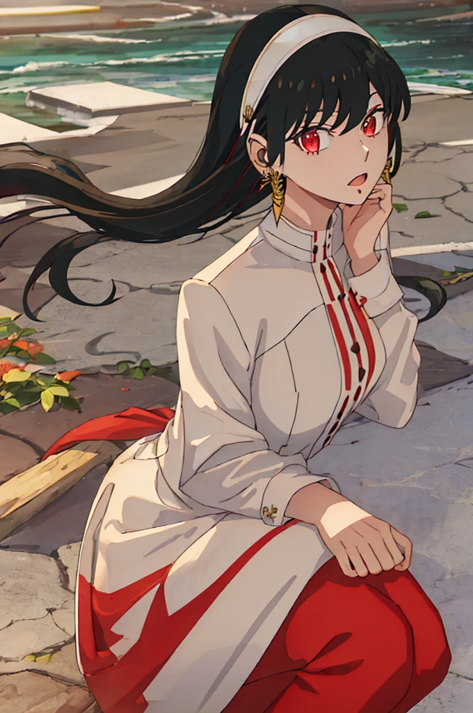 best quality, masterpiece, highres, solo, {yor_briar_spyxfamily:1.15}, black_hair, hairband, red_eyes, sidelocks, white_hairband, jewelry, earrings, bangs, long_hair