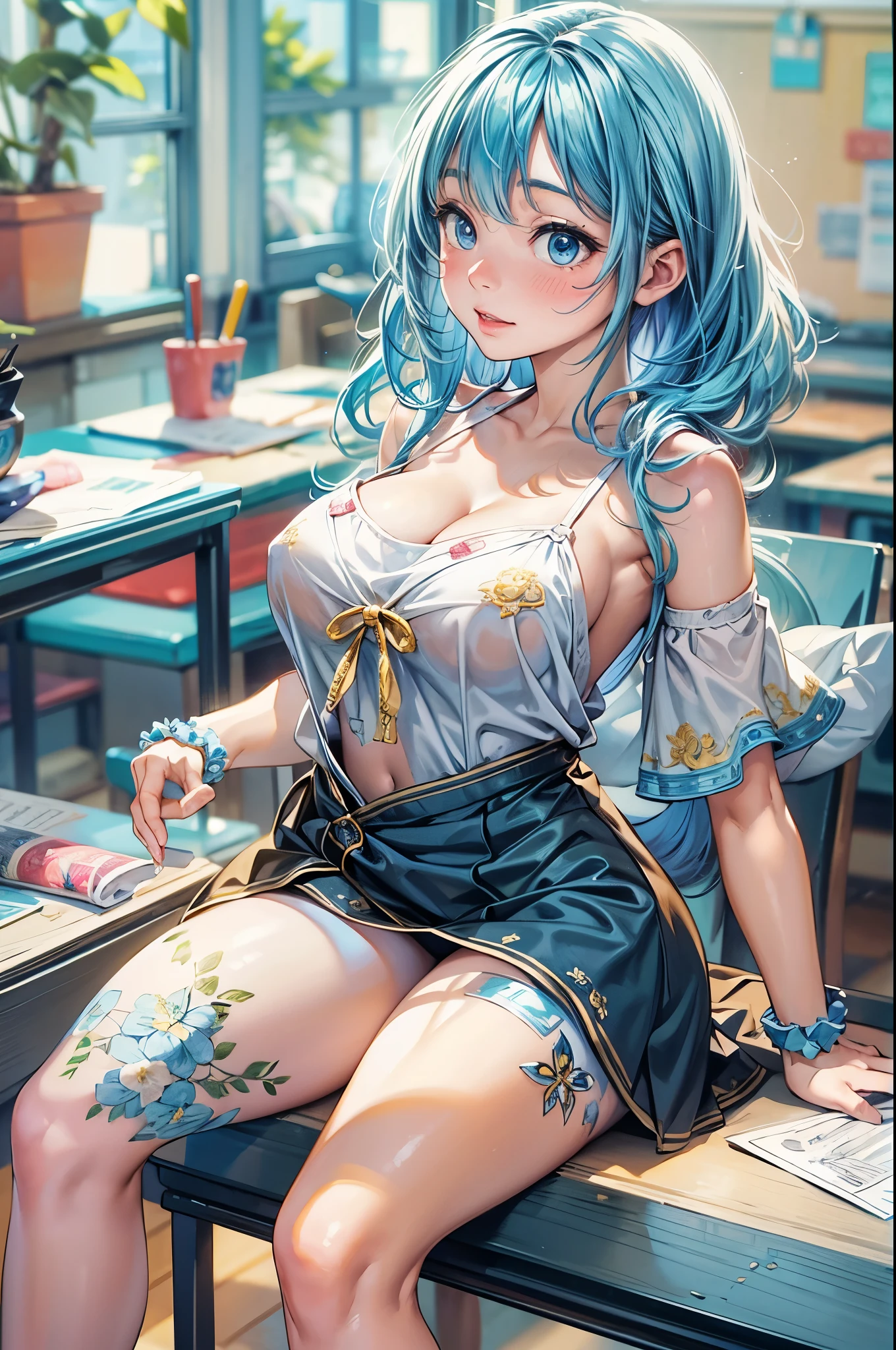 girl, blue hair,classroom, summer, perfect quality, clear focus (Clutter - Home: 0.8), (masterpiece: 1.2) (realistic: 1.2) (Bokeh) (highest quality) (fine skin: 1.3) (intricate details) (8K) (eye for detail) (sharp focus), (Happy),covering breasts with hands,Super plump and firm big breasts,(saggy breasts, bewitching body: 1.2)