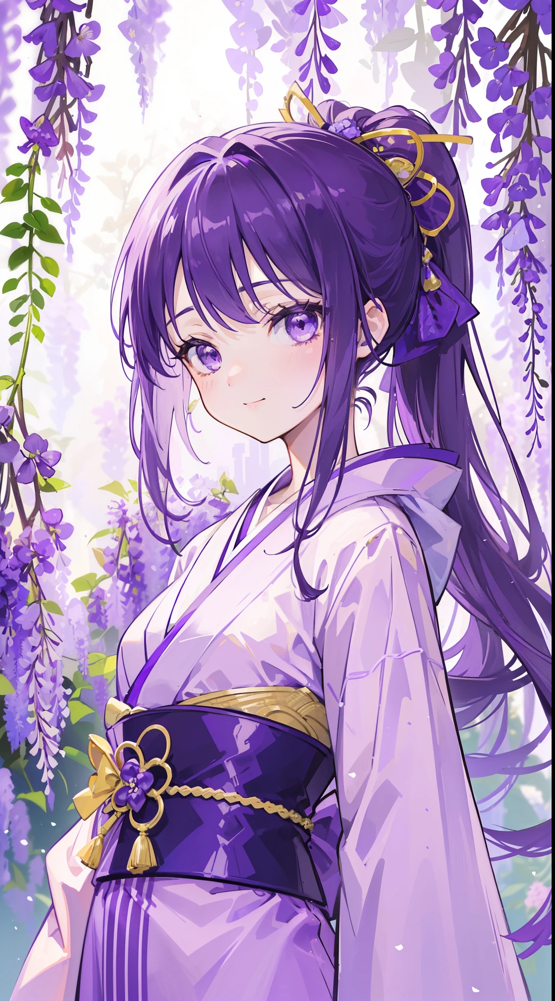 (32k), ((cute girl)), (hight quality), (high-level image quality), (smile), (hight quality wisteria flowers background), (32k background), (wisteria trellis), 
(purple short ponytail), (purple eyes), (18 years old), (illustration), (purple light particles), (purple kimono), (purple Japanese clothes), (((front))), 