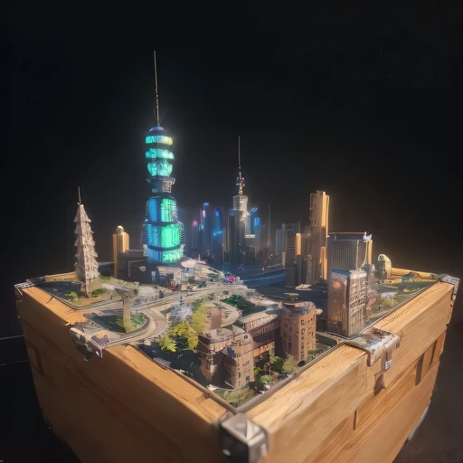 small realistic model, (bifurcation, original photo, best quality, masterpiece:1.4),Steampunk Cyberpunk 1820 City,(Cyberpunk light:1.3), Mards,horizon (related to land),(in a small nature box:1.3),Isometric, small nature, landscape on foundation,landscape,