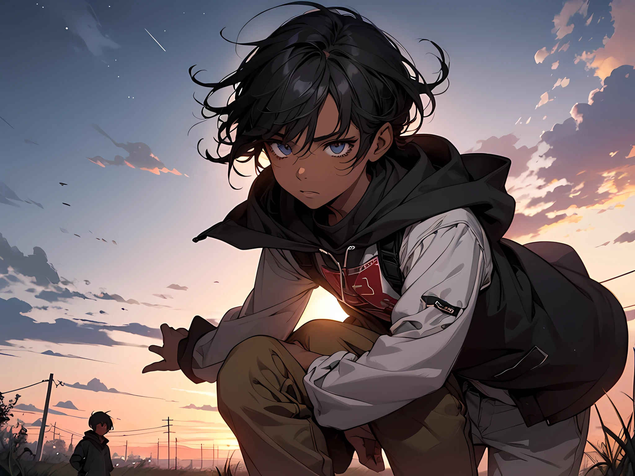 thin young ???, 15 year old ???, dark skin, in a countryside, black hair, poor neighborhood, detailed face, detailed eyes, detailed nose, ragged oversized clothes, carrying wooden sword, the ??? with his brother, sibling, medieval times, dark night, dark sky
