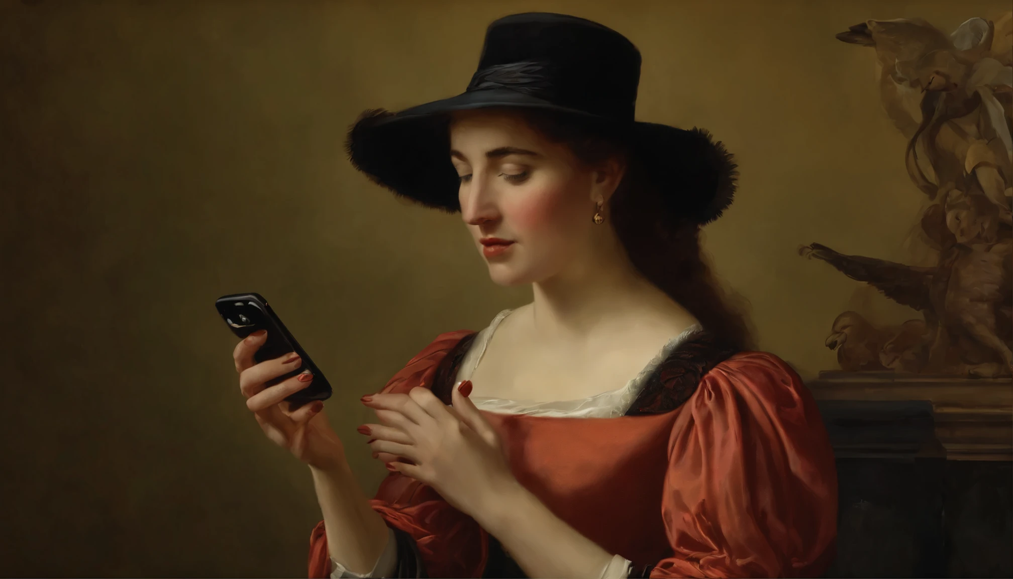 pessoa comprando o nvo Iphone do ano, feliz, genuinely excited holding the IPhone in her hand, pintura renascentista, neoclassical oil high quality matte granulated, pintura da antiguidade