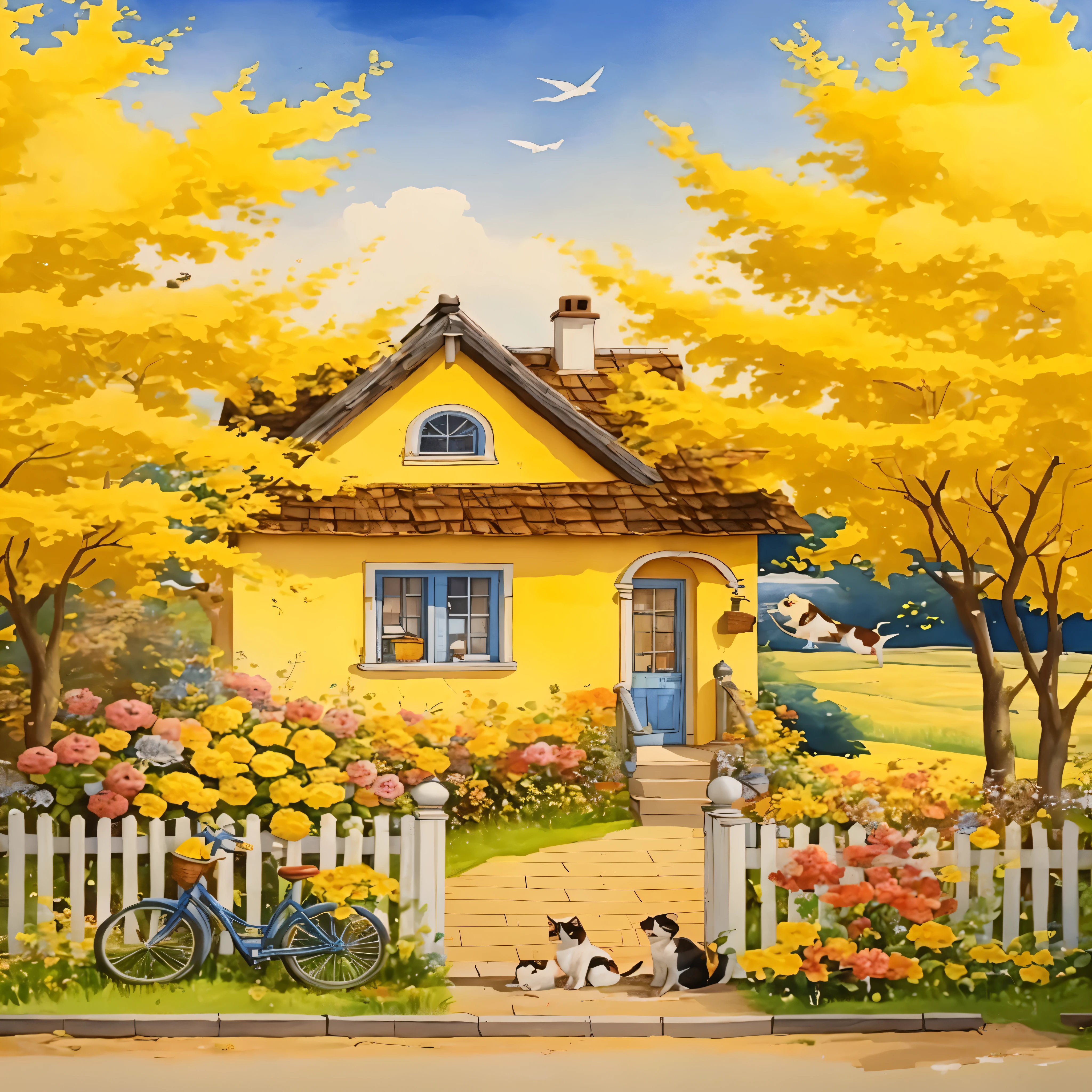 pintura de uma casa amarela com uma bicicleta e dois cachorros, idyllic little house, flowery casinha, linda casa, casinhacore!!, casinha, linda arte, casinhacore, casinha, beautiful artist rendering, cores amarelas, Arte caprichosa, casa colorida, Direction: jogar Buk, Direction: Yang Borun, cores amarelas, casinha town, fundo da casa