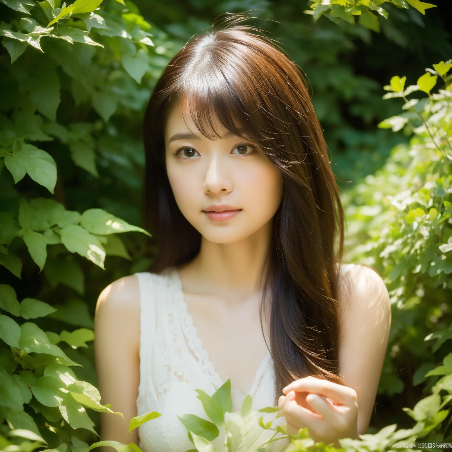(highest quality,realistic,photorealistic:1.37),Lying Woman,photograph,Natural light,Bright colors,calm atmosphere,soft shadow,,gentle expression,fine eyes,Detailed features,flowing hair,Relaxed posture,peaceful garden atmosphere,flowers bloom,green leafs,sunlight filtering through the foliage,Warm golden tones,Subtle bokeh,dreamy quality