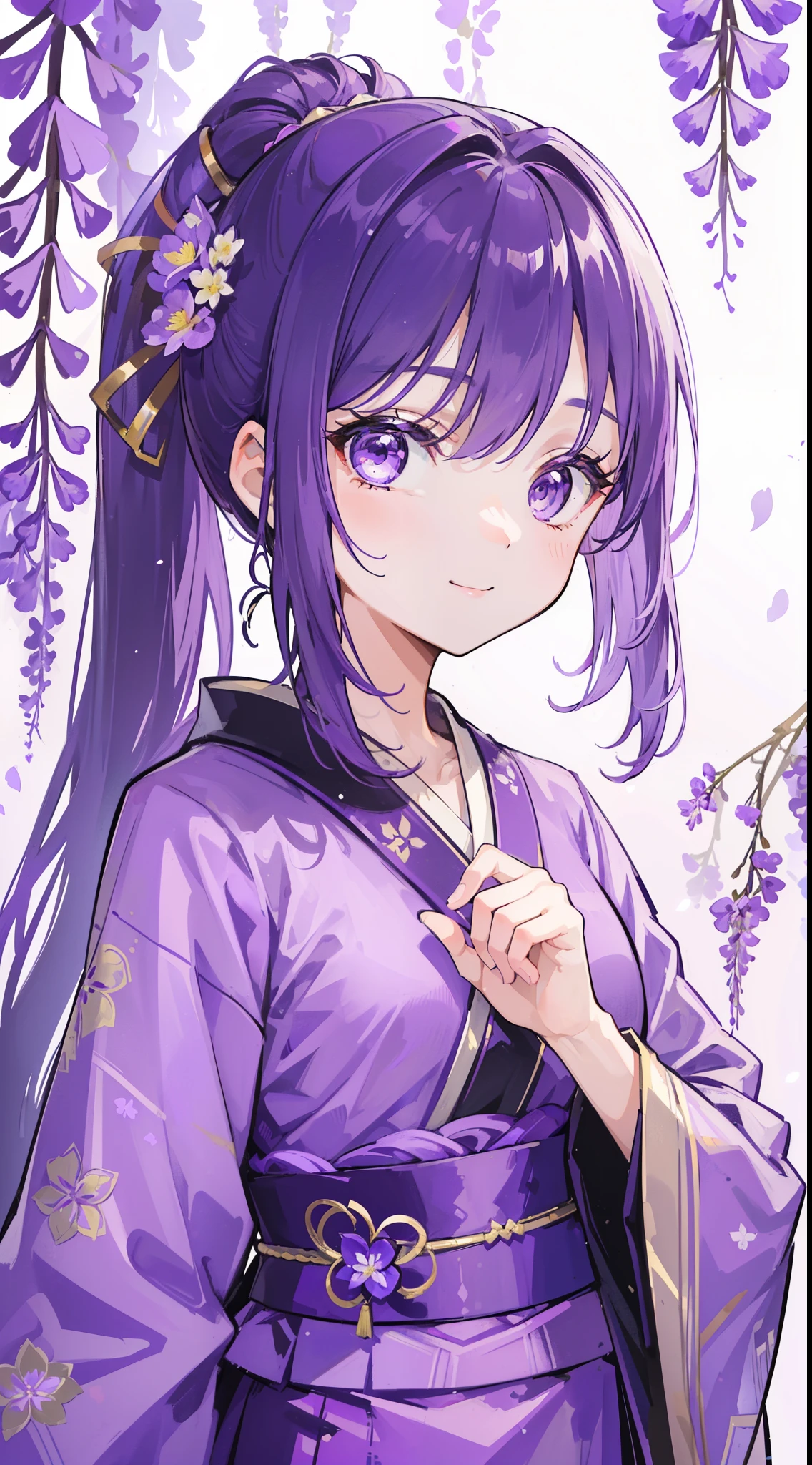(32k), ((cute girl)), (hight quality), (high-level image quality), (smile), (hight quality wisteria flowers background), (32k background), (wisteria trellis),
(purple short ponytail), (purple eyes), (18 years old), (illustration), (purple light particles), (purple kimono), (purple Japanese clothes), (((front))),