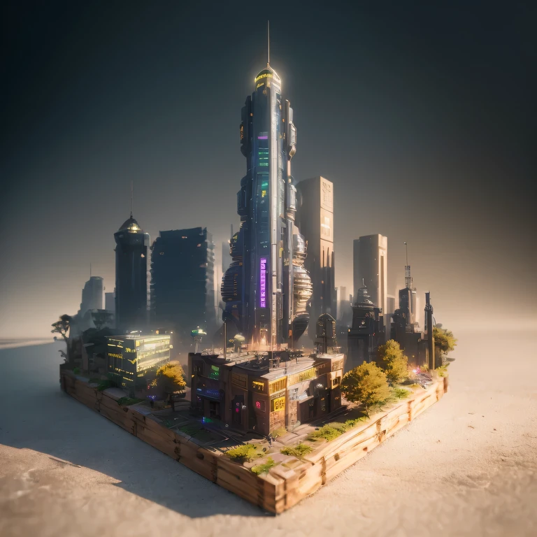 small realistic model, (bifurcation, original photo, best quality, masterpiece:1.4),Steampunk Cyberpunk 1820 City,(Cyberpunk light:1.3), Mards,horizon (related to land),(in a small nature box:1.3),Isometric, small nature, landscape on foundation,landscape,