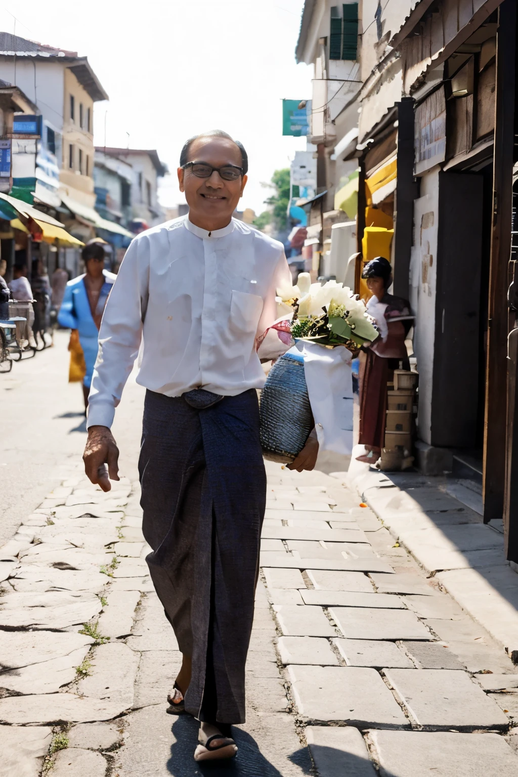 An old man with balding, gray hair and glasses is walking on a street. He is wearing a traditional longyi and a white shirt. He is carrying a basket of flowers on his head and selling them to passersby. He has a friendly and cheerful expression on his face. The street is in downtown Yangon, with colonial-era buildings, cars, and buses. The image has a lively and historic feel, with a contrast of old and new. --camera shots: Long Shot, --camera types: Sony Alpha 7 III, --lens types: 24 mm, --Aperture: f/8, --Zoom: 1x, --Focus: Auto, --Stabilization: On, --Focal length: 24 mm, --Macro: Off, --Teleconverter: Off, --Sensor: Full Frame, --ISO: 400, --Quality high: On, --Principal point: Center, --sharper focus: Off, --styles: Naturalism, --effects: none