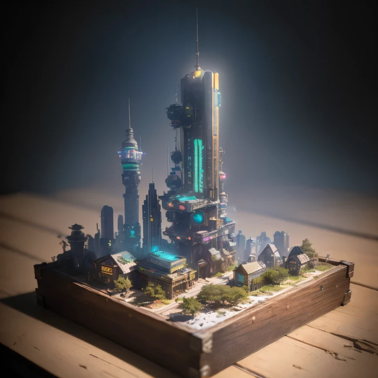 small realistic model, (bifurcation, original photo, best quality, masterpiece:1.4),Steampunk Cyberpunk 1820 City,(Cyberpunk light:1.3), Mards,horizon (related to land),(in a small nature box:1.3),Isometric, small nature, landscape on foundation,landscape,
