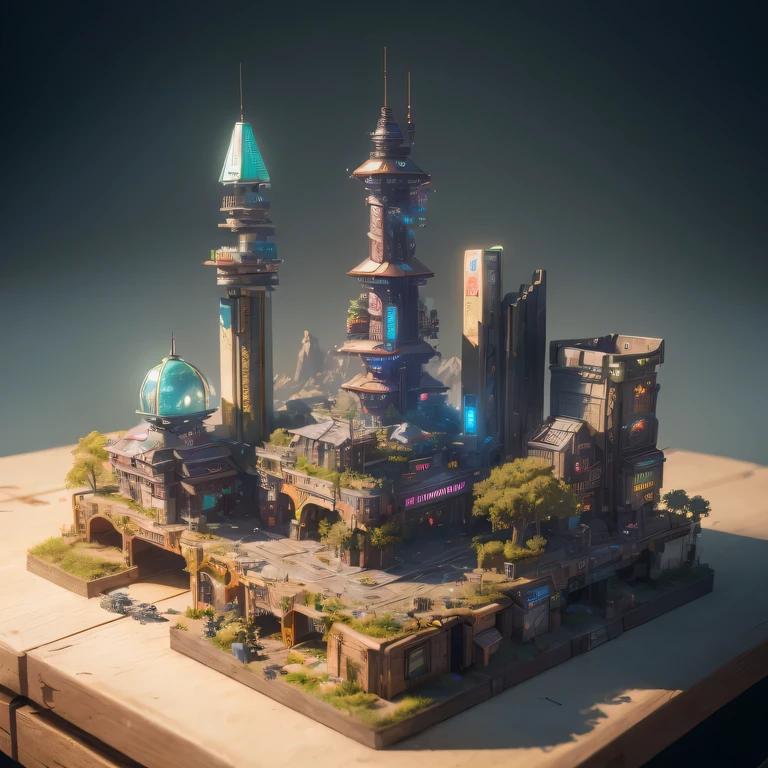 small realistic model, (bifurcation, original photo, best quality, masterpiece:1.4),Steampunk Cyberpunk 1820 City,(Cyberpunk light:1.3), Mards,horizon (related to land),(in a small nature box:1.3),Isometric, small nature, landscape on foundation,landscape,