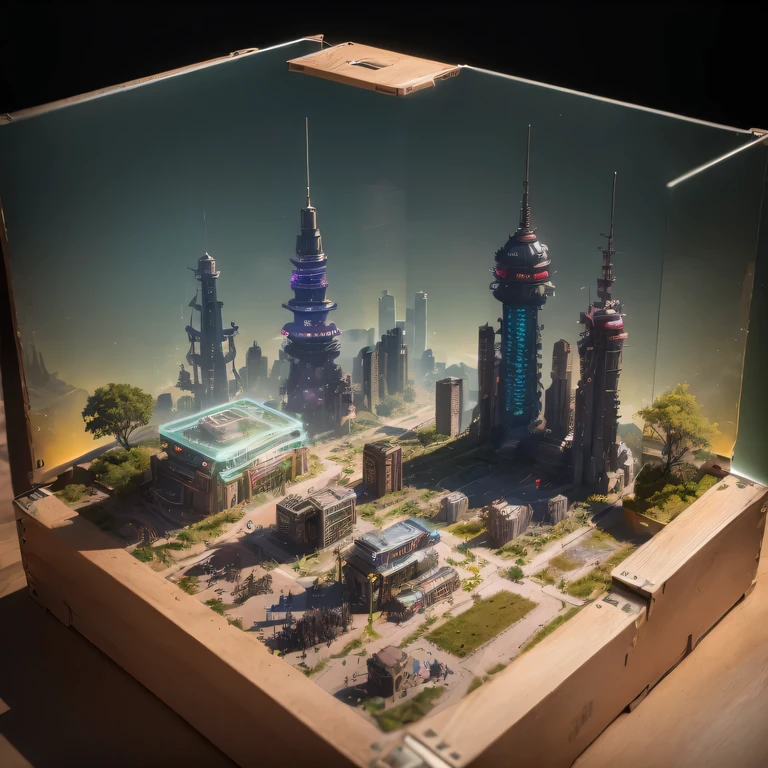small realistic model, (bifurcation, original photo, best quality, masterpiece:1.4),Steampunk Cyberpunk 1820 City,(Cyberpunk light:1.3), Mards,horizon (related to land),(in a small nature box:1.3),Isometric, small nature, landscape on foundation,landscape,