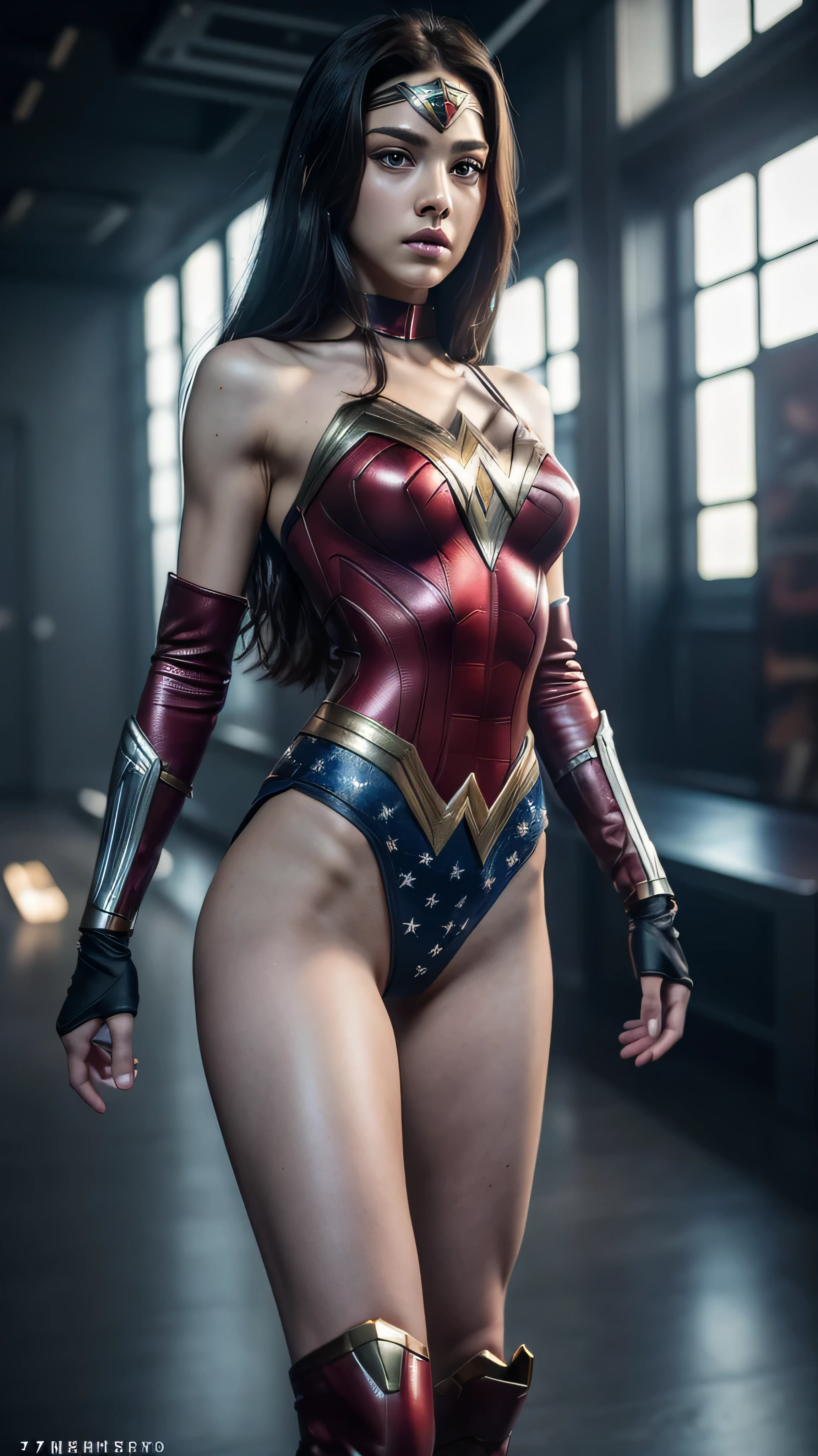 ((masterpiece, 8K, 3D, Realistic, Super Detail)), (1girl:1.3), slender 17 age, Ultra Micro photography, Super realistic, Perfect face, Beautiful features, ((Perfect female body)) Beautiful features, ( body), ((small hips)), Jisoo Blackpink as Wonder woman suit ((Exposed thigh)), Exposed Skin, Front Full body Shot, full body portrait, futuristic city background
