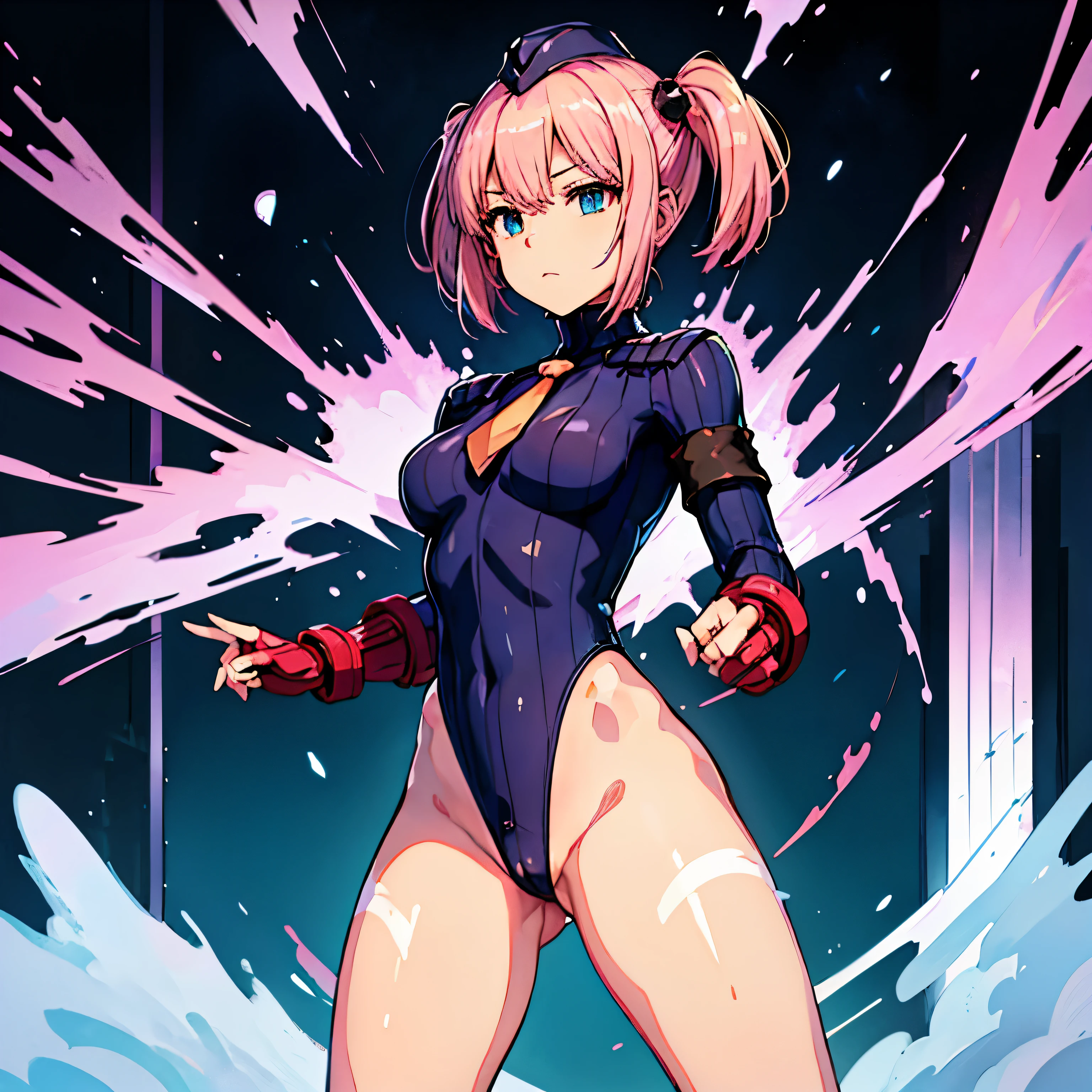 Very detailed, clear, beautiful body, Beautiful nose, Beautiful character design, perfect eyes, perfect face, very high, 4k, Beautiful legs, perfect legs, good hand, perfect hand, Masterpiece, best quality, haveรายละเอียดสูง, illustration, nonsense, perfect anatomy, street fighter, doll set, Chadaloo Doll, doll set, expressionless, empty eyes, look at viewer, red gloves, Emotionless, black Latex, corruption, mind control, female warrior, full body, hypnotized, ความมึนงงที่ไม่haveความสุข, full body suit, Ribbed bodysuit, Both arms are at the sides., obey, perfect woman's body, extremely glossy Latex, hypnosis, Hipnolora, empty eyes, empty eyes, mind control device, Poses, give up_Pose, slave, standตัวตรง, stand, stand at attention, have, necktie, belt, Latex, Ribbed bodysuit, thigh high, garter belt, fighting posture, Extend your right arm away from your shoulder into the air with your hand straight., soldier, thigh boots, 1 girl, hair accessories, pink hair, short hair, blue eyes, (((Pixel Perfect, perfect detail))), alone, 1 girl, Chiyoda Momo, Devil girl next door, short twin