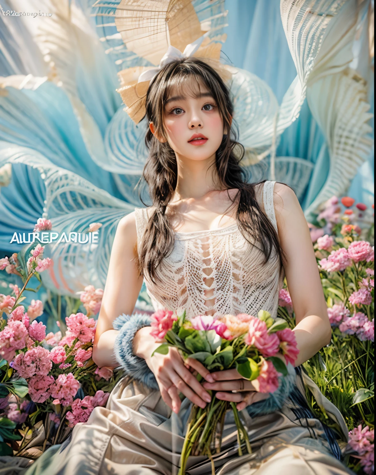 masterpiece、highest quality、cinema、(Detailed both eyes)、(cute japanese woman、bangs:1.3)、23 years old、1 girl、elegant、black hair、(auraroid photo:1.2)、huge cleavage、have a bouquet