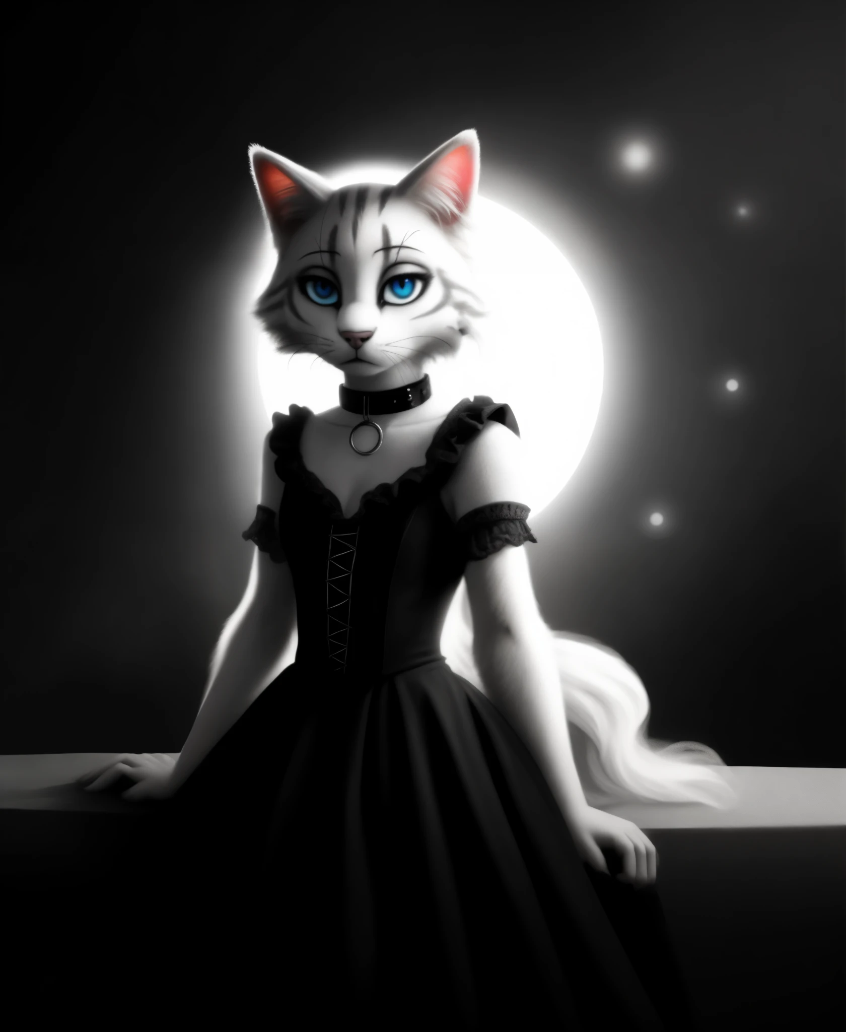 Ragdoll cat,furry,female,(beautiful and fluffy fur,fluffy and cute cat:1.1),SFW,(elegant and mysterious style,stylish gothic fashion:1.2), (dark and atmospheric ambiance:1.1),gothic collar,moonlit background,dramatic lighting,soft and gentle expression, piercing blue eyes,strong contrast,subtle shadows,detailed whiskers,sculpted paws,vivid colors,pastel tones,subtle gradients