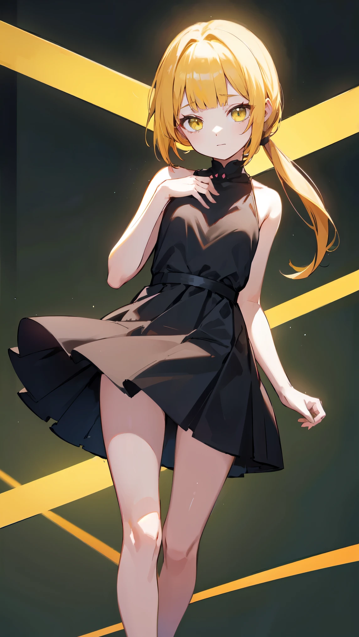 (best quality, UHD), young woman,solo,standing, long hair,double ponytail hairstyle,blunt bangs, yellow hair,colorful eyes, short hair, small breast, black dress, feet out of frame.