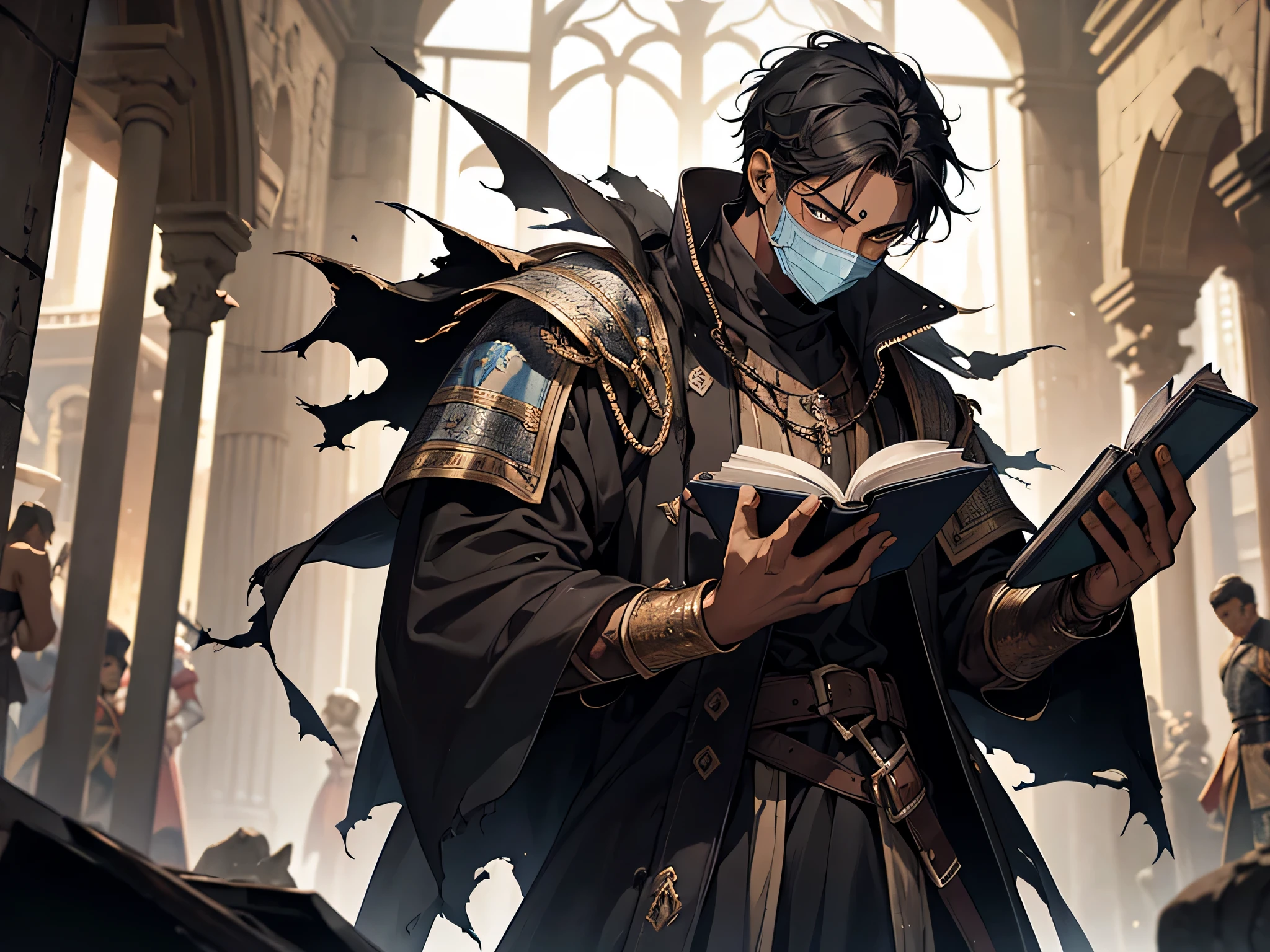 thin young man, dark skin wearing mask, slavery, this man is a slave, black hair, medieval times, frustrated, torn clothes, in a battle arena, ragged oversized clothes, imprisoned, bruised, punch scars, bloody face, reading a book

