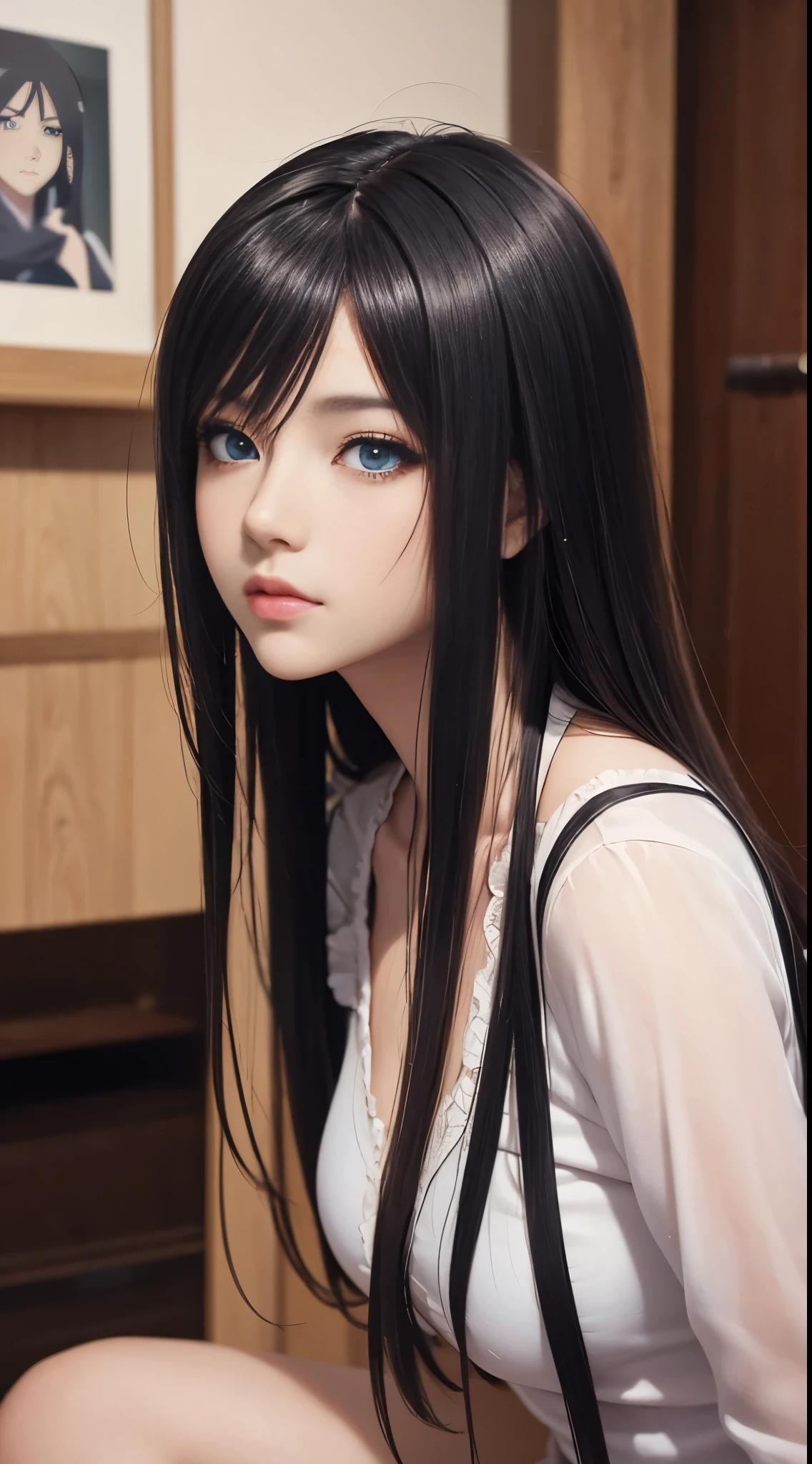 Anime girl with long black hair and blue eyes，Smooth anime CG art，Realistic anime 3D style，Realistic anime art style，Detailed digital animation art，Digital animation illustration，Realistic anime art style，kawaii realistic portrait，Detailed portrait of anime girl，A beautiful anime portrait，Realistic anime girl rendering，Realistic young anime girl， Portrait anime girl，Full body female love，Landscape exterior