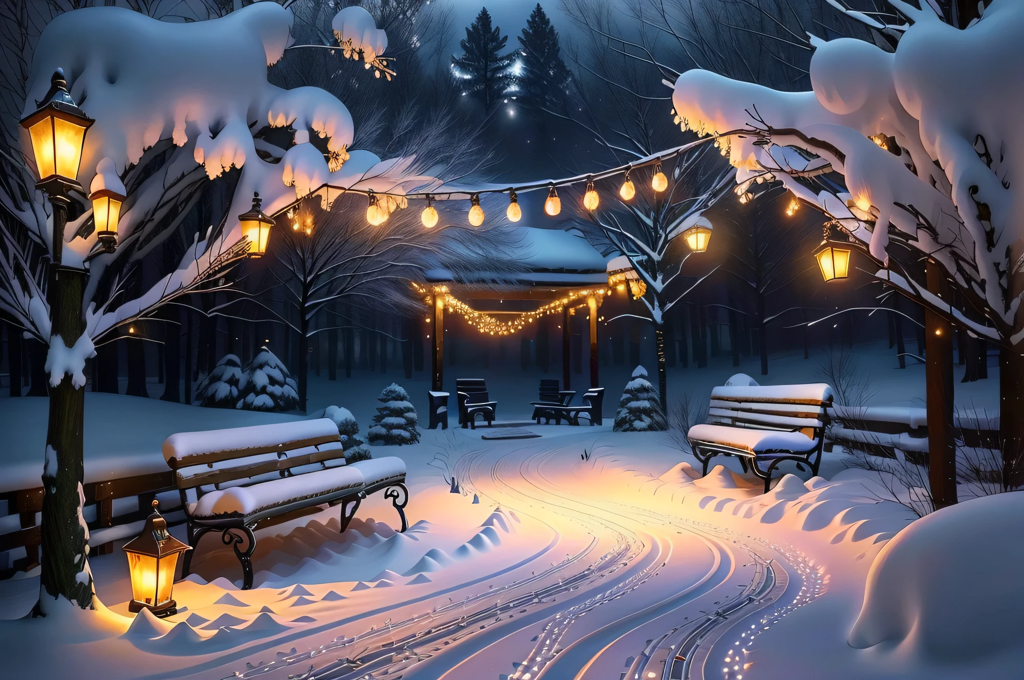 snowy path with benches and string lights in a park, snowy winter christmas night, light snowfall, cozy lights, winter setting, beautiful winter area, snowy night, snowfall at night, snowy winter scene, winter scene fantasy, winter wonderland, cosy enchanted scene, winter night, fairy lights, snowy winter, winter atmosphere, perfect lighting in a snow storm, glowing snow, cozy setting