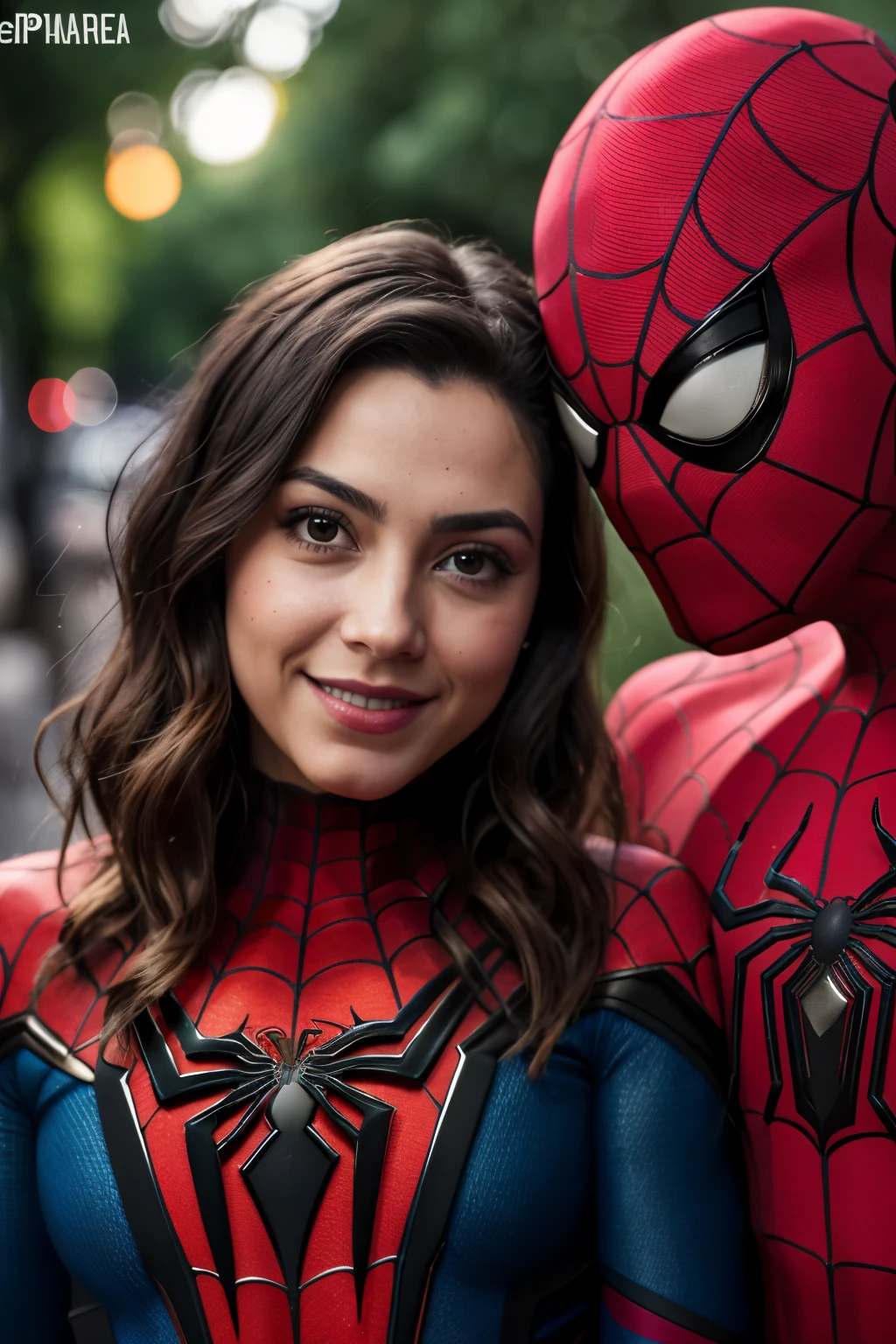 Foto RAW en secuencia, una imagen de una chica, ((mejor calidad)), ((obra maestra)), ((detallado)), cara perfecta, ojos marrones, cabello de color pardo, labios gruesos, disfraz de Spiderman, ((con Spiderman al lado)), ((juntos a Spiderman)), luzes naturales, HDR, foto realista, foto profesional, flirteando con el espectador, visual sexy, fotorrealista, Linda, piel natural, 8k UHD, alta calidad, filmic grain, Fujifilm XT3.