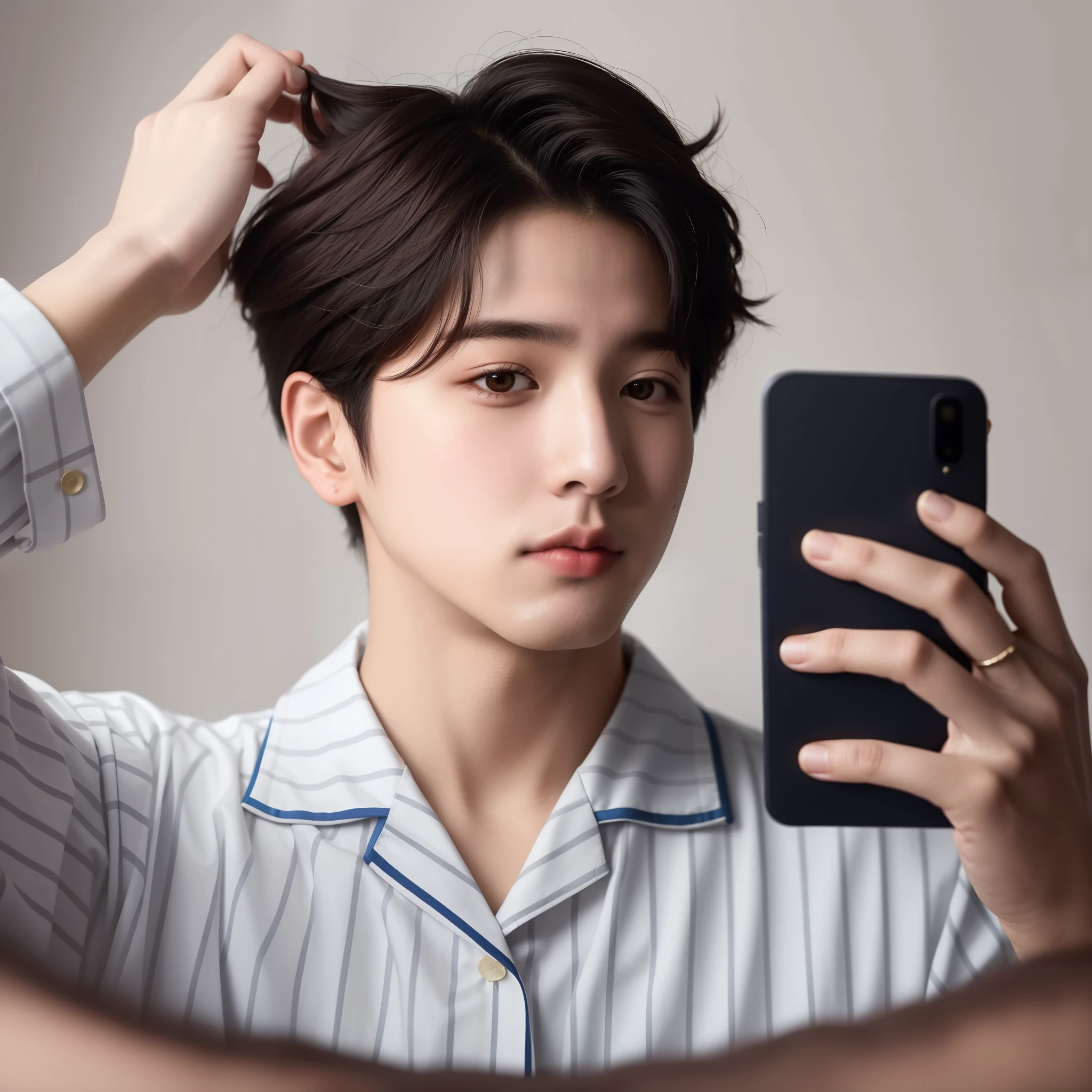 homem arafiado de pijama tirando uma selfie no espelho, Jungkook, cai xukun, kpop idol portrait, com cabelo curto, Jinyoung Shin, taejune kim, solo photo shoot, de arte, hyung tae, foto de retrato realista, [ fotografia realista ], pintar ulzzang, foto de retrato, com o mesmo penteado, inspirado em jeonseok lee, retrato de alta qualidade