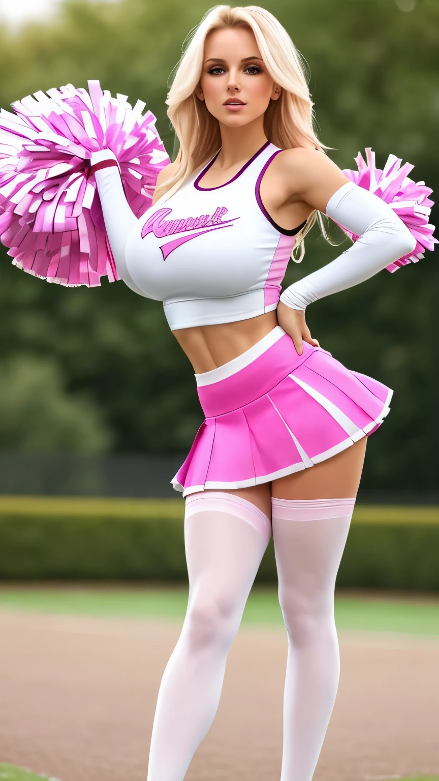 (a cheerleader), her team colors are white and pink, (huge breasts:1.2), (her cheerleader skirt is pleated and pink:1.1), (her cheerleader top is white), low wedge heel booties, long straight platinum-blonde hair covering one eye, (wearing shiny sheer brown pantyhose on her toned legs:1.0), small hips, small butt, cheerleader pose, thin, skinny, fit, short, athletic, backdrop of a park, masterpiece, 8k, amazing detail, emphasis on her legs and feet,